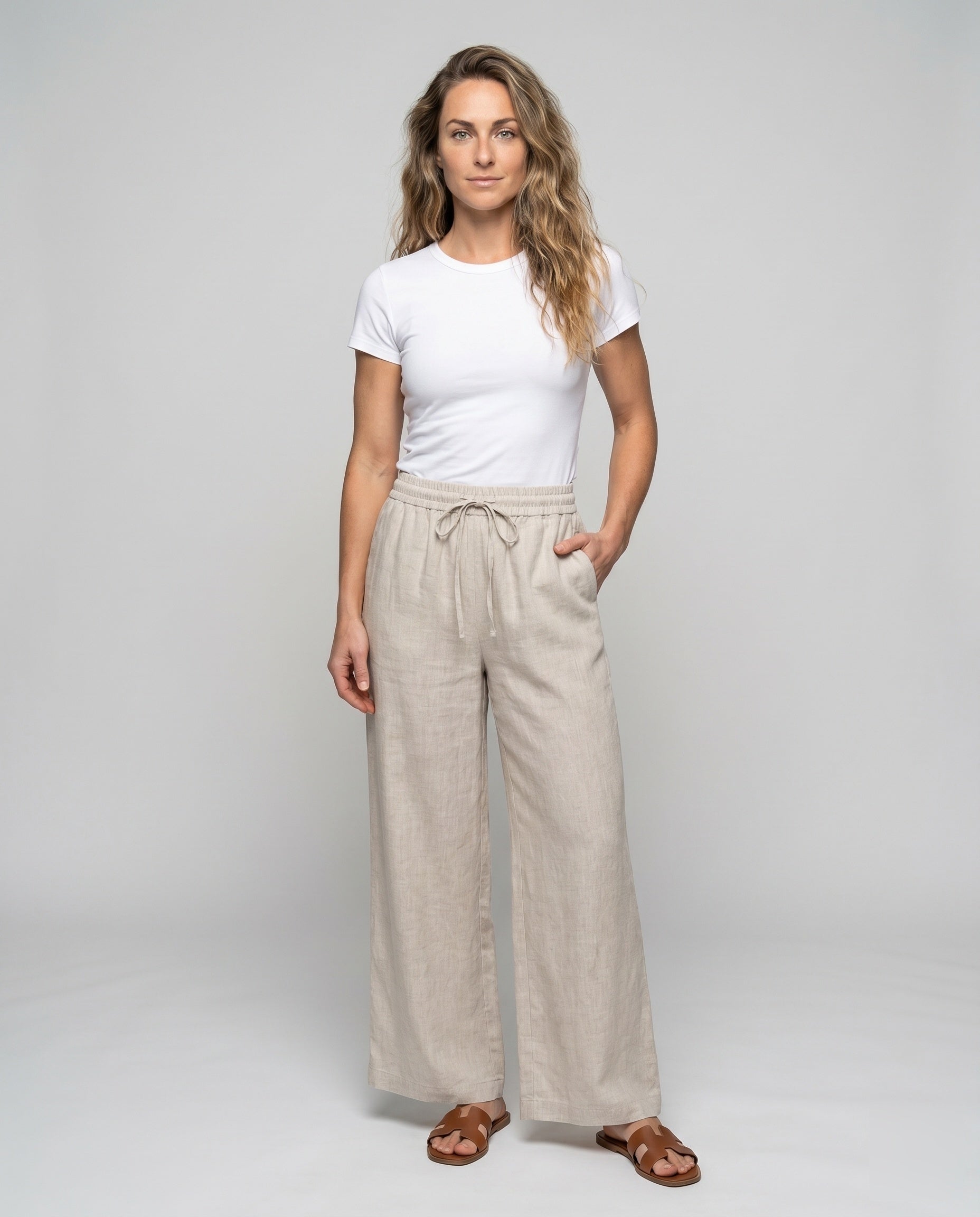 Women's Casual Linen Pants with Elastic Waistband and Drawstring - Front View
