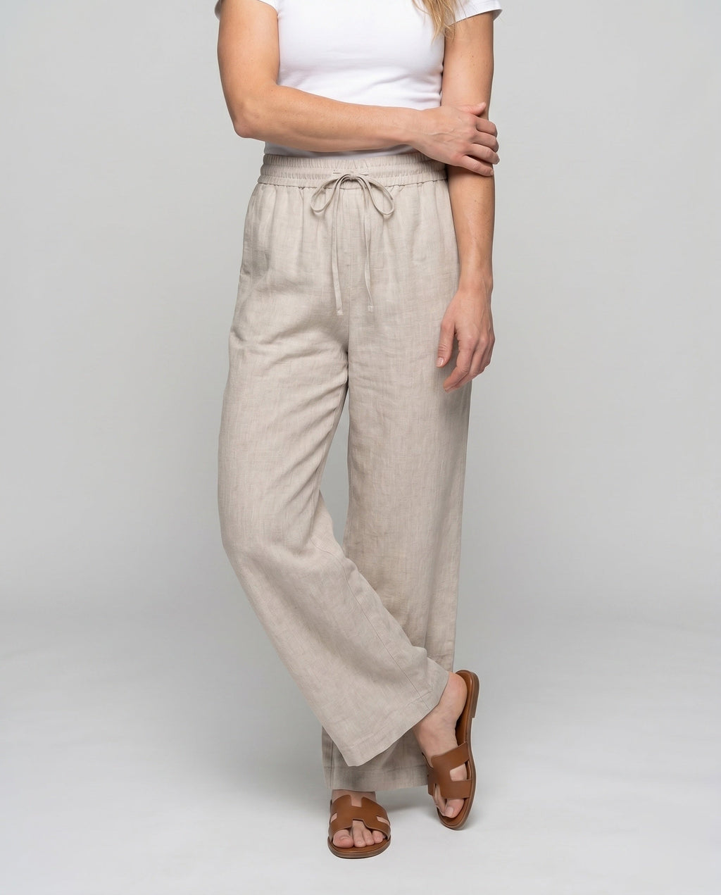 Women's Casual Linen Pants with Elastic Waistband and Drawstring - Lower Body View