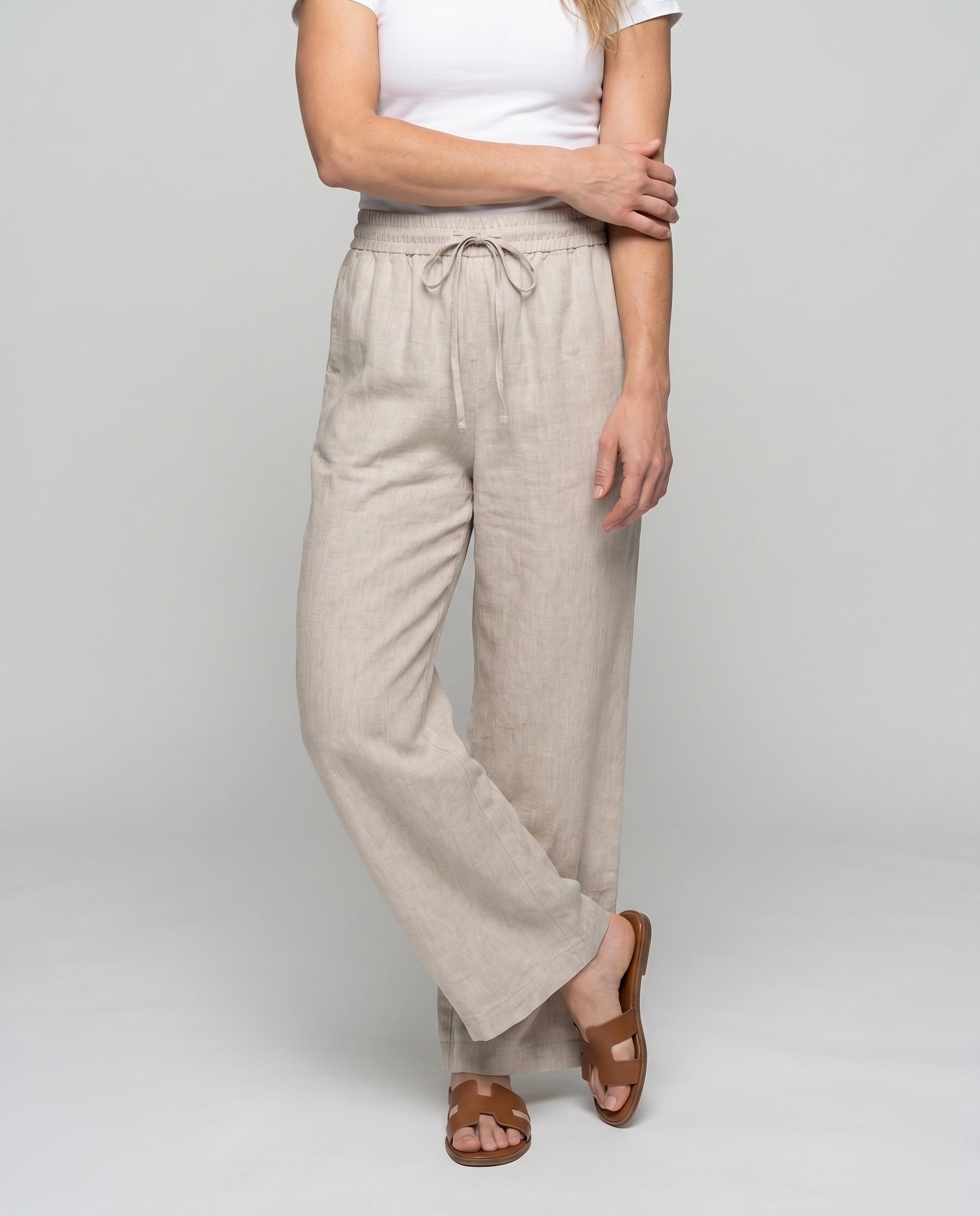 Women's Casual Linen Pants with Elastic Waistband and Drawstring - Lower Body View
