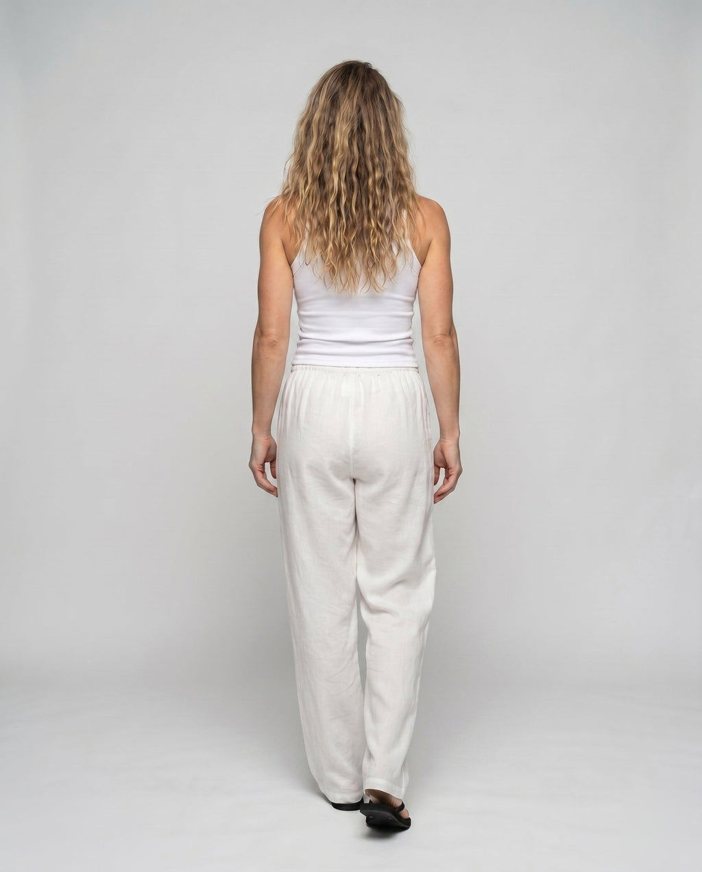 Women's Casual Linen Pants with Elastic Waistband, Practical Pockets - Back View