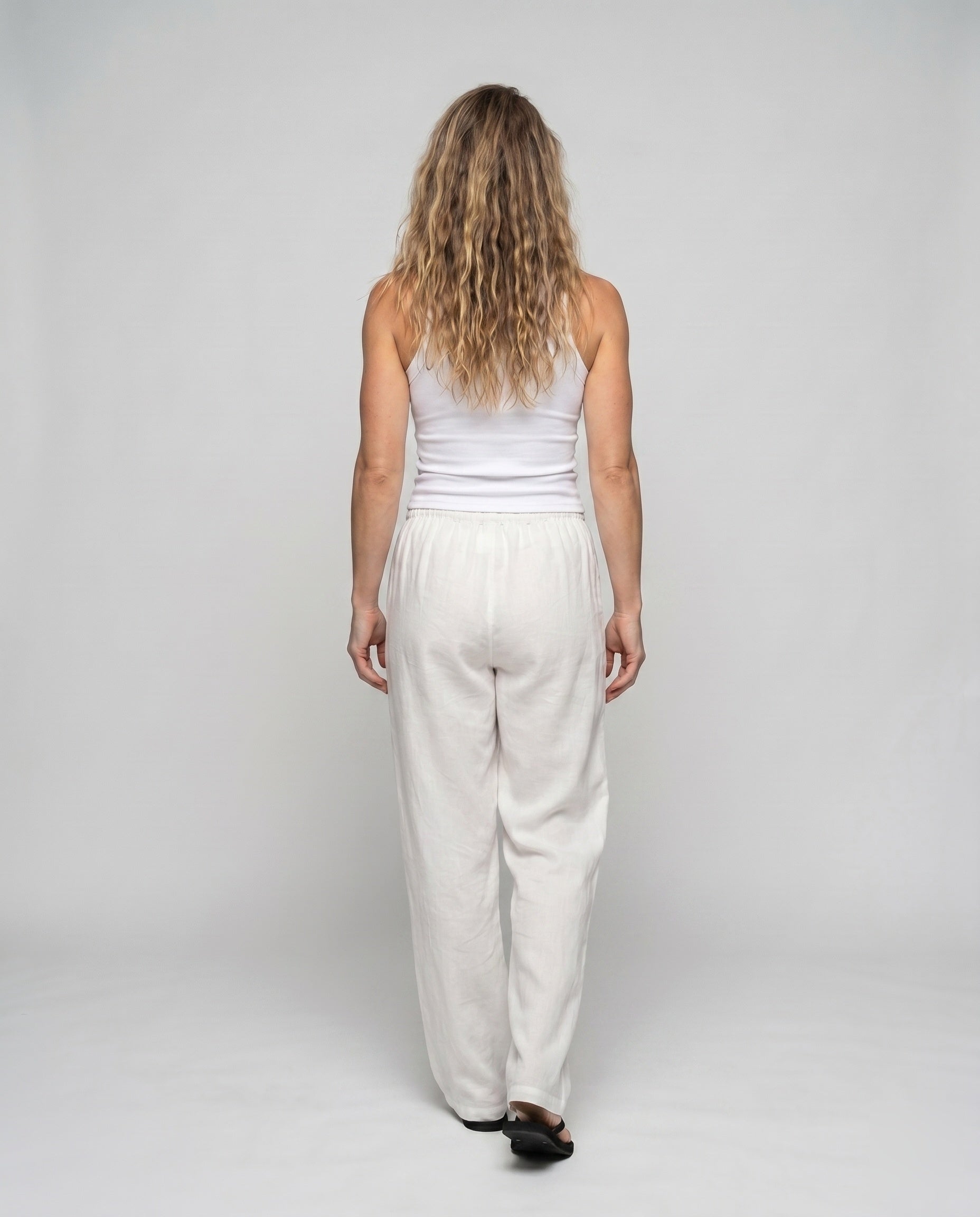Women's Casual Linen Pants with Elastic Waistband, Practical Pockets - Back View