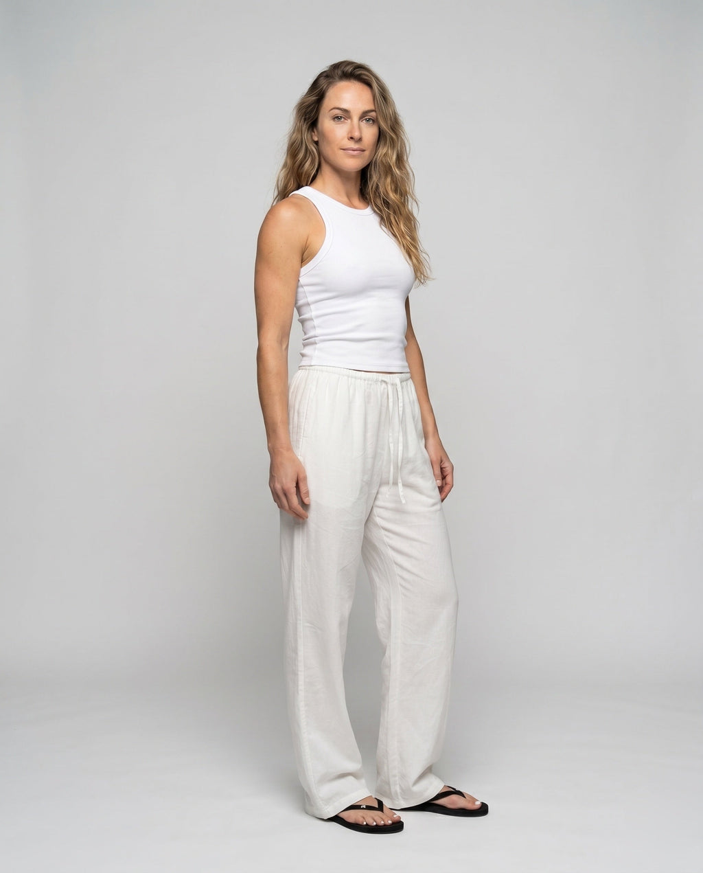 Women's Casual Linen Pants with Elastic Waistband, Practical Pockets - Front View