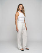 Women's Casual Linen Pants with Elastic Waistband, Practical Pockets - Front View