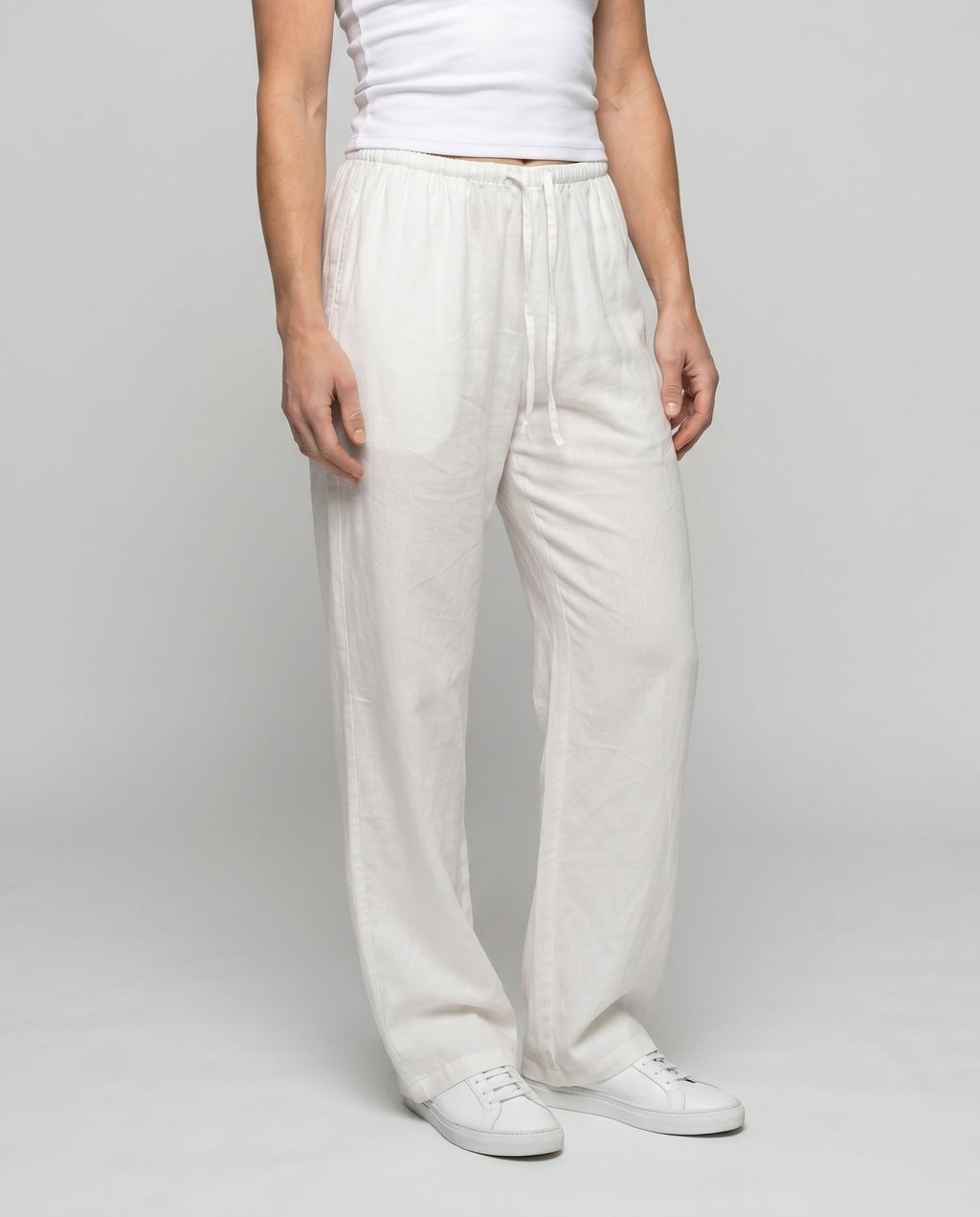 Women's Casual Linen Pants with Elastic Waistband, Practical Pockets - Lower Body View