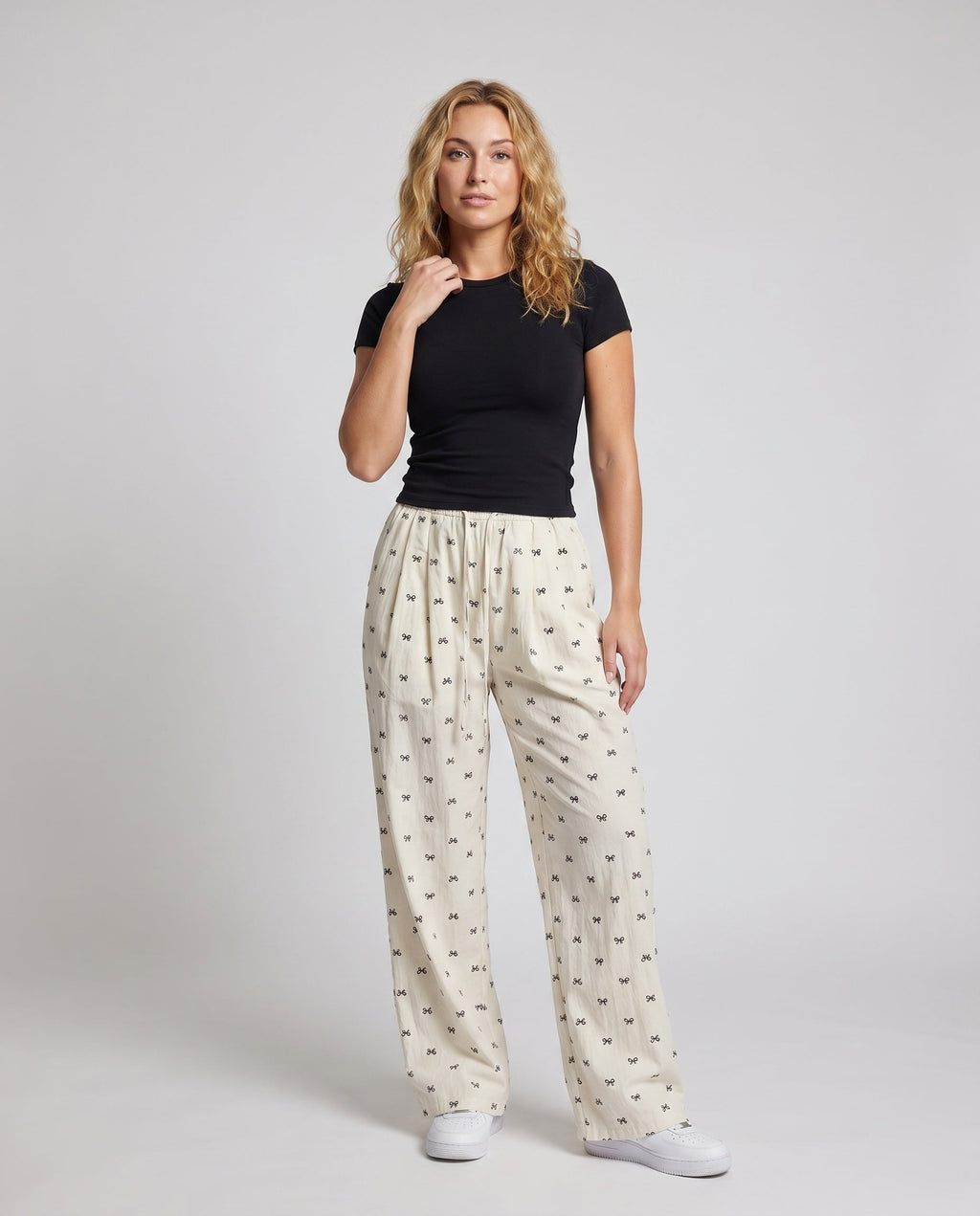 Women's Wide Fabric Pants with Floral Pattern - Front View