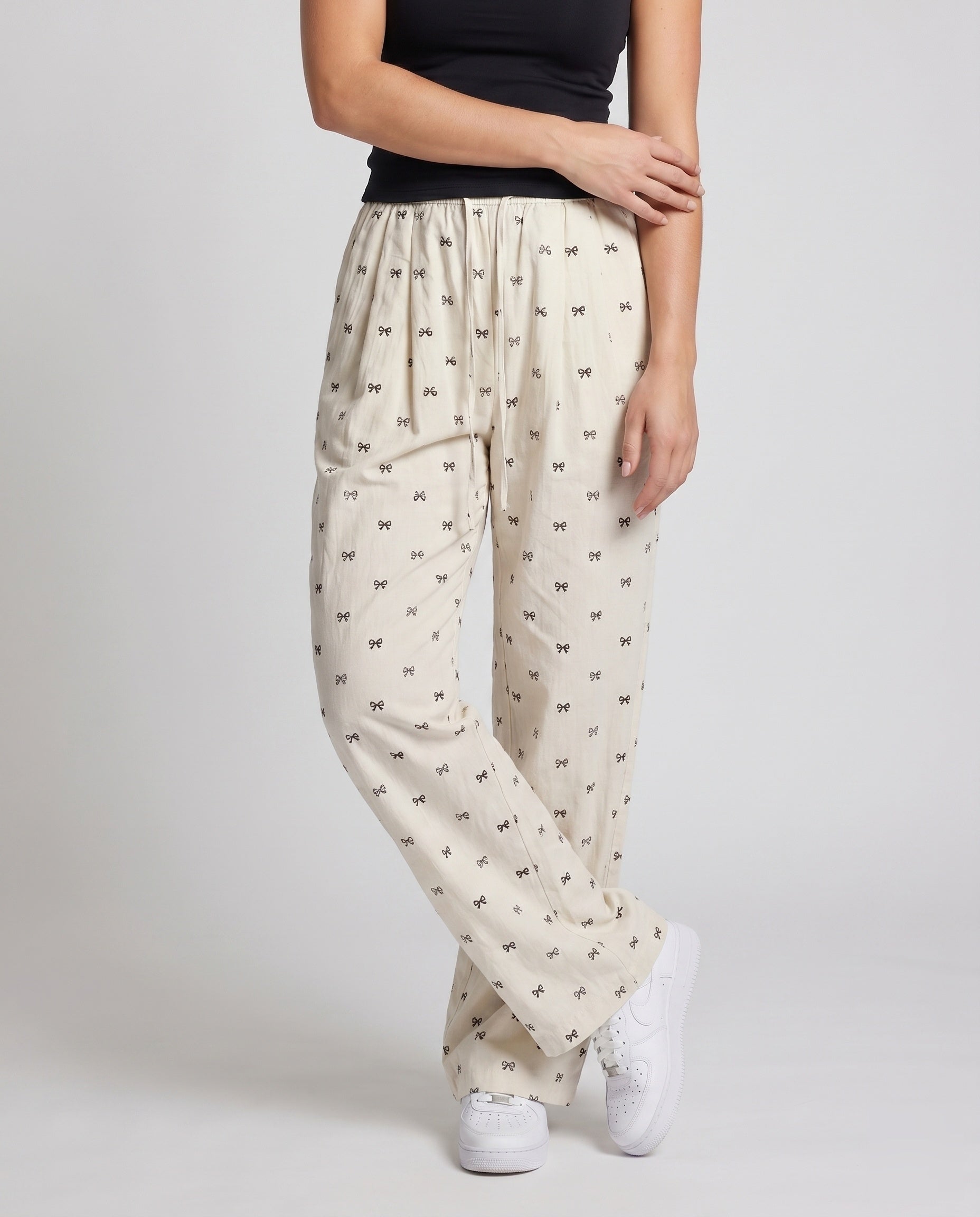 Women's Wide Fabric Pants with Floral Pattern - Lower Body View