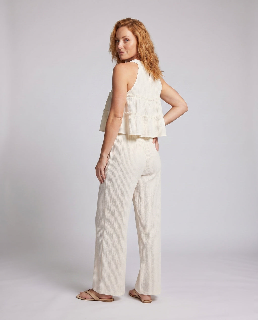 Women's Set with Trendy Ruffle Top and Casual Pants - Back View