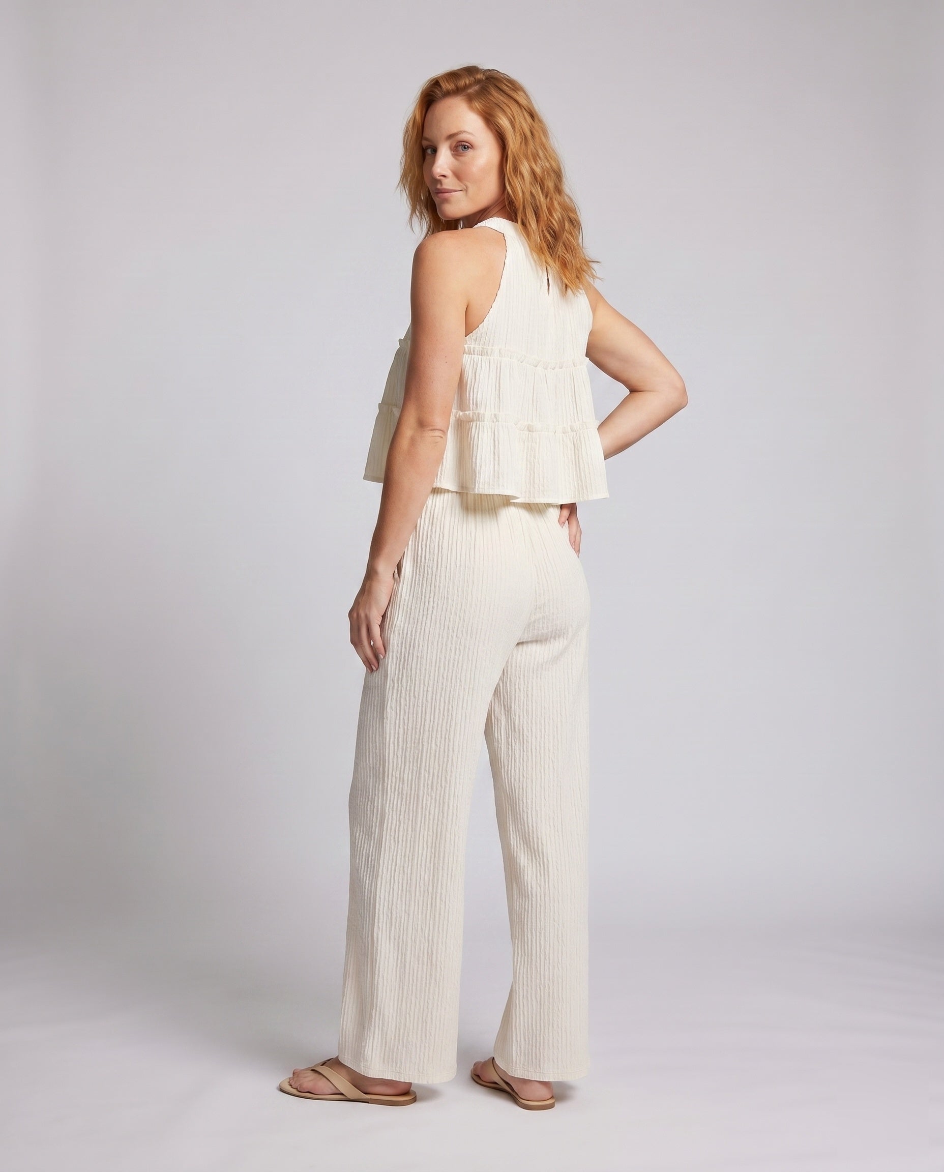 Women's Set with Trendy Ruffle Top and Casual Pants - Back View