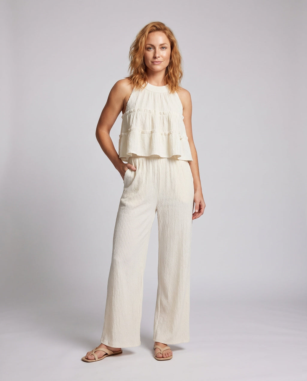 Women's Set with Trendy Ruffle Top and Casual Pants - Front View