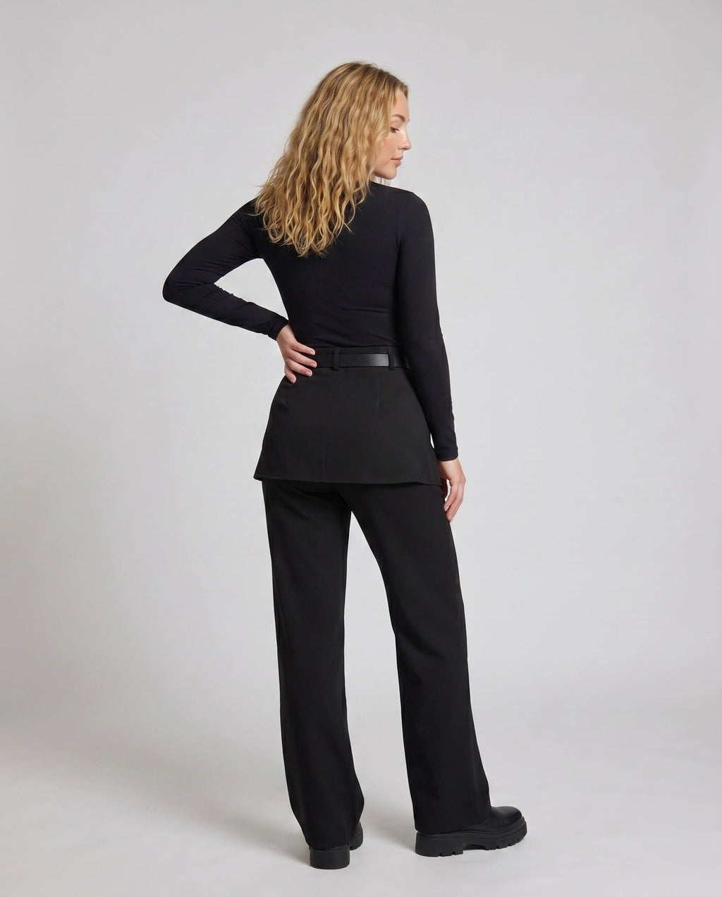 Women's Elegant High-Waist Pants with Removable Waist Belt, Wide Leg - Back View