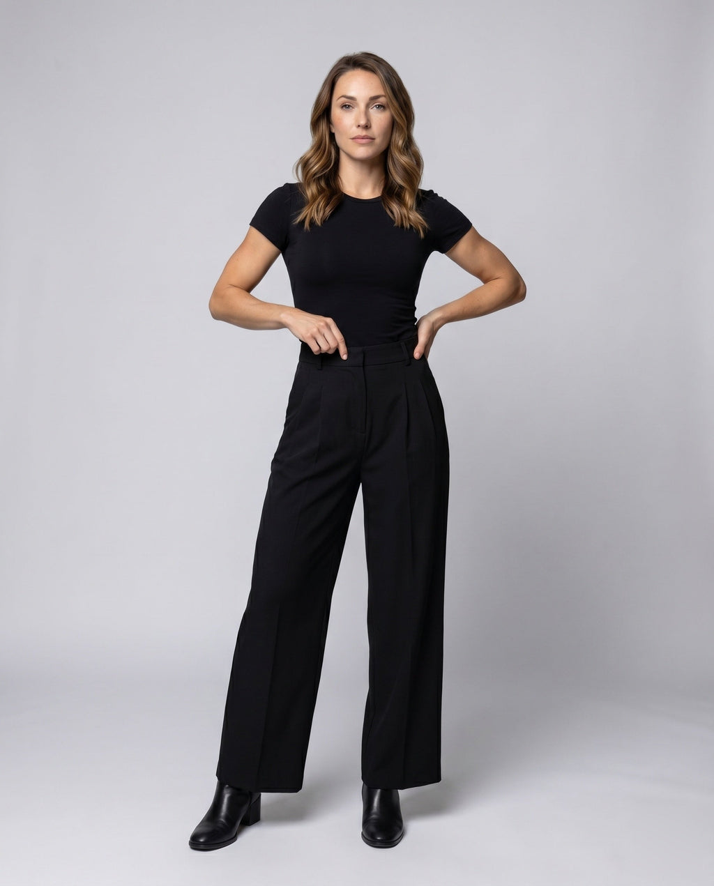 Women's Wide-Cut High-Waist Trousers with Belt and Pleats - Front View