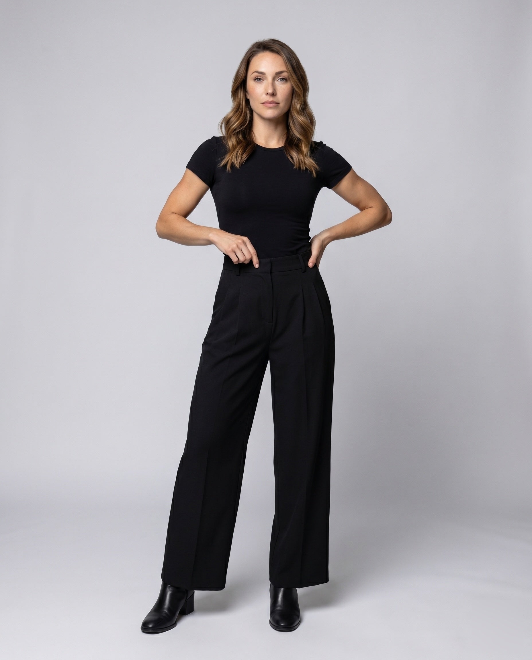 Women's Wide-Cut High-Waist Trousers with Belt and Pleats - Front View