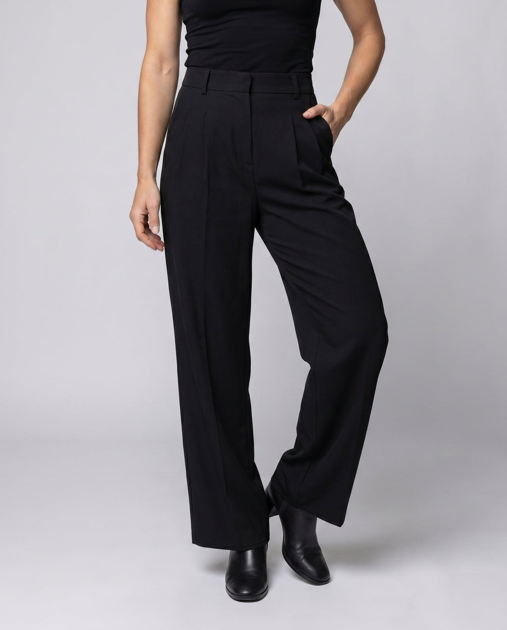 Women's Wide-Cut High-Waist Trousers with Belt and Pleats - Lower Body View