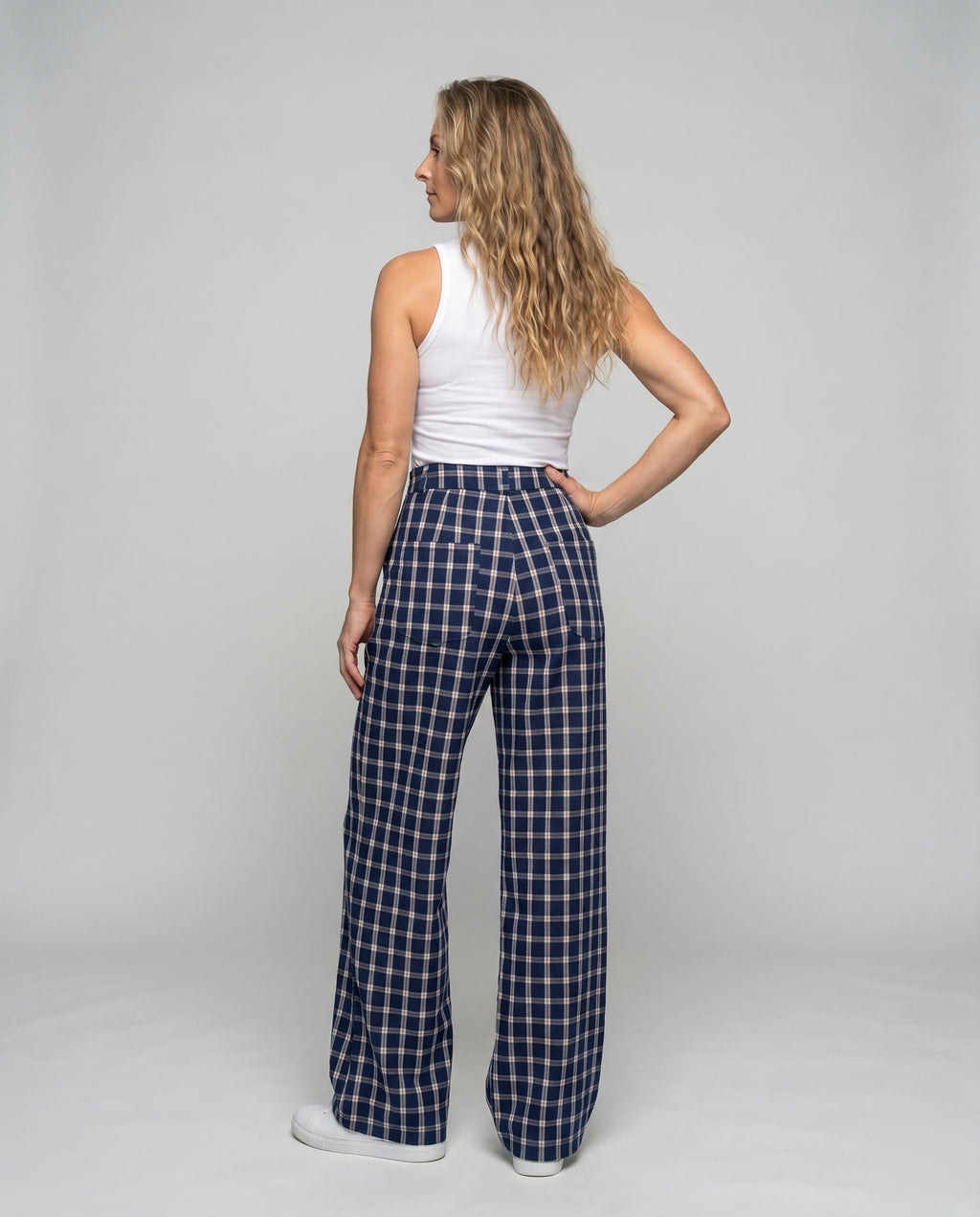 Women's Wide Leg Carrot Trousers with High Waist and Button Details - Back View