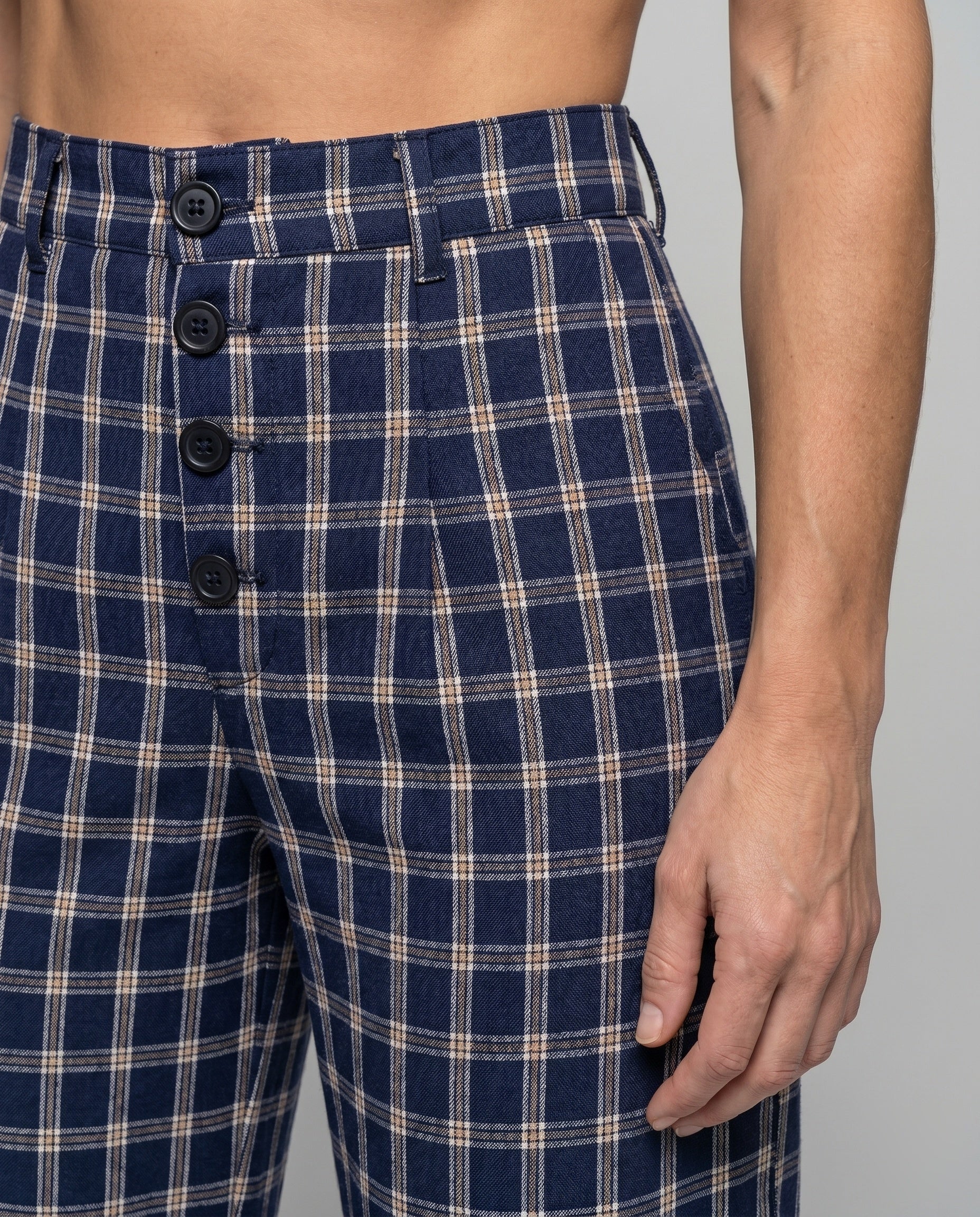 Women's Wide Leg Carrot Trousers with High Waist and Button Details - Close-Up Detail