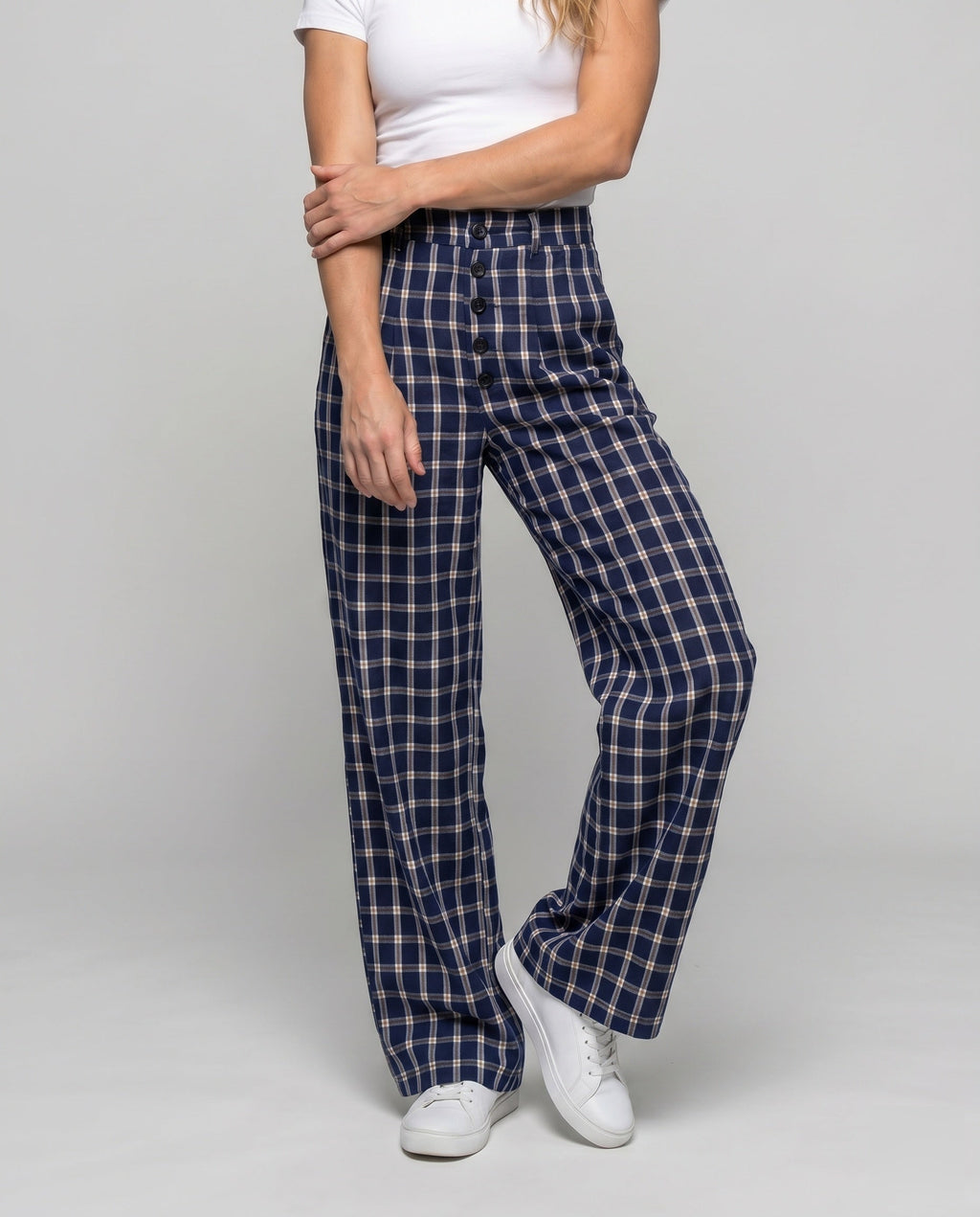 Women's Wide Leg Carrot Trousers with High Waist and Button Details - Lower Body View
