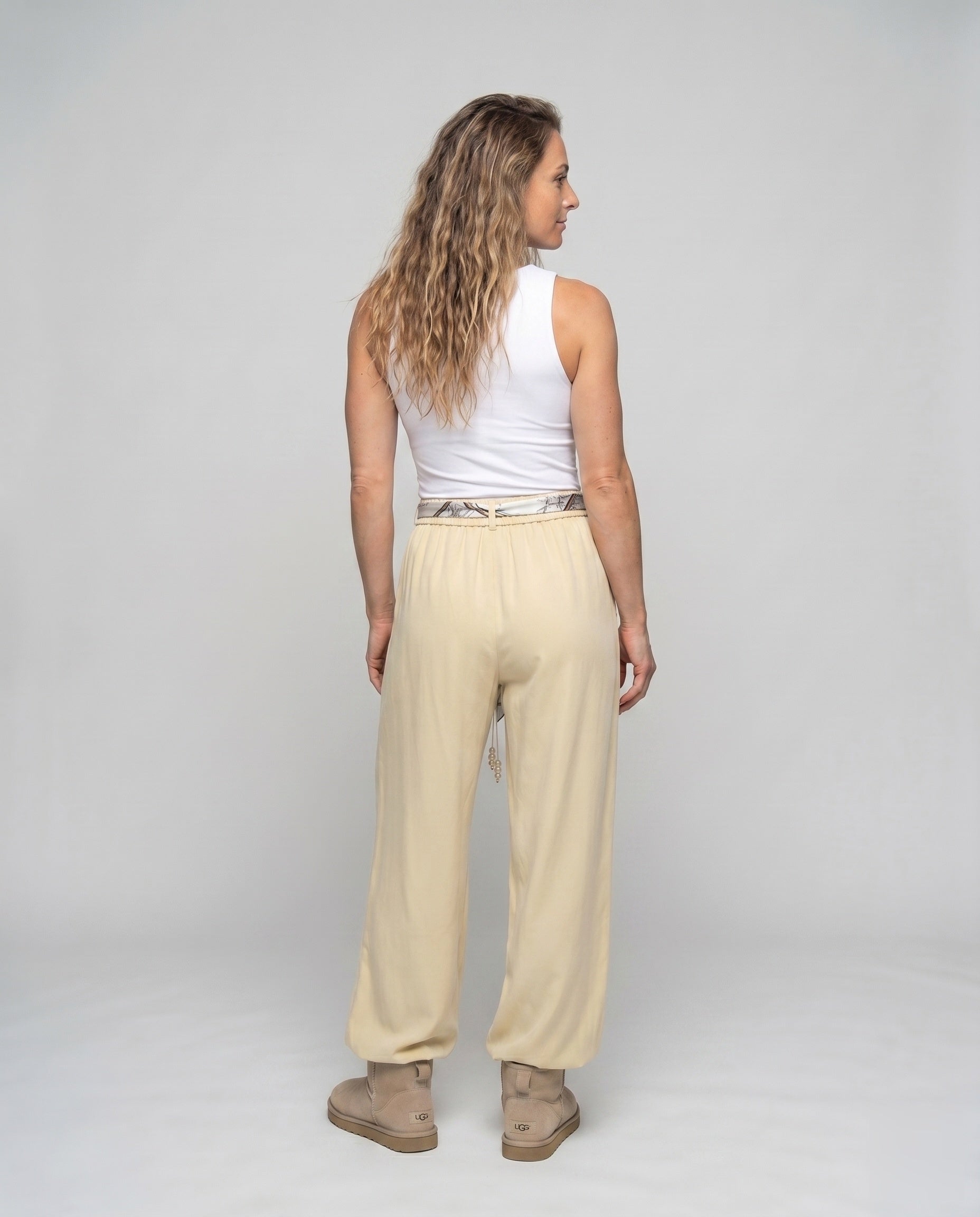 Women's Wide-Cut Palazzo Pants with Elastic Waistband, Decorative Belt - Back View
