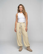 Women's Wide-Cut Palazzo Pants with Elastic Waistband, Decorative Belt - Front View