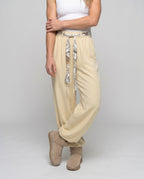 Women's Wide-Cut Palazzo Pants with Elastic Waistband, Decorative Belt - Lower Body View