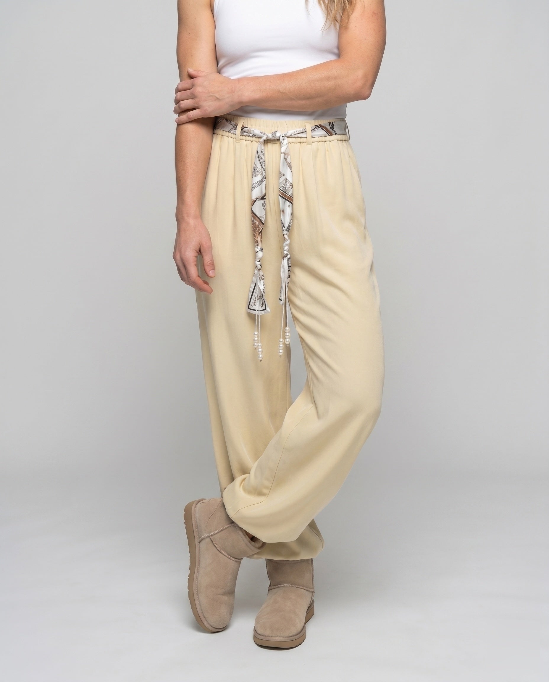 Women's Wide-Cut Palazzo Pants with Elastic Waistband, Decorative Belt - Lower Body View