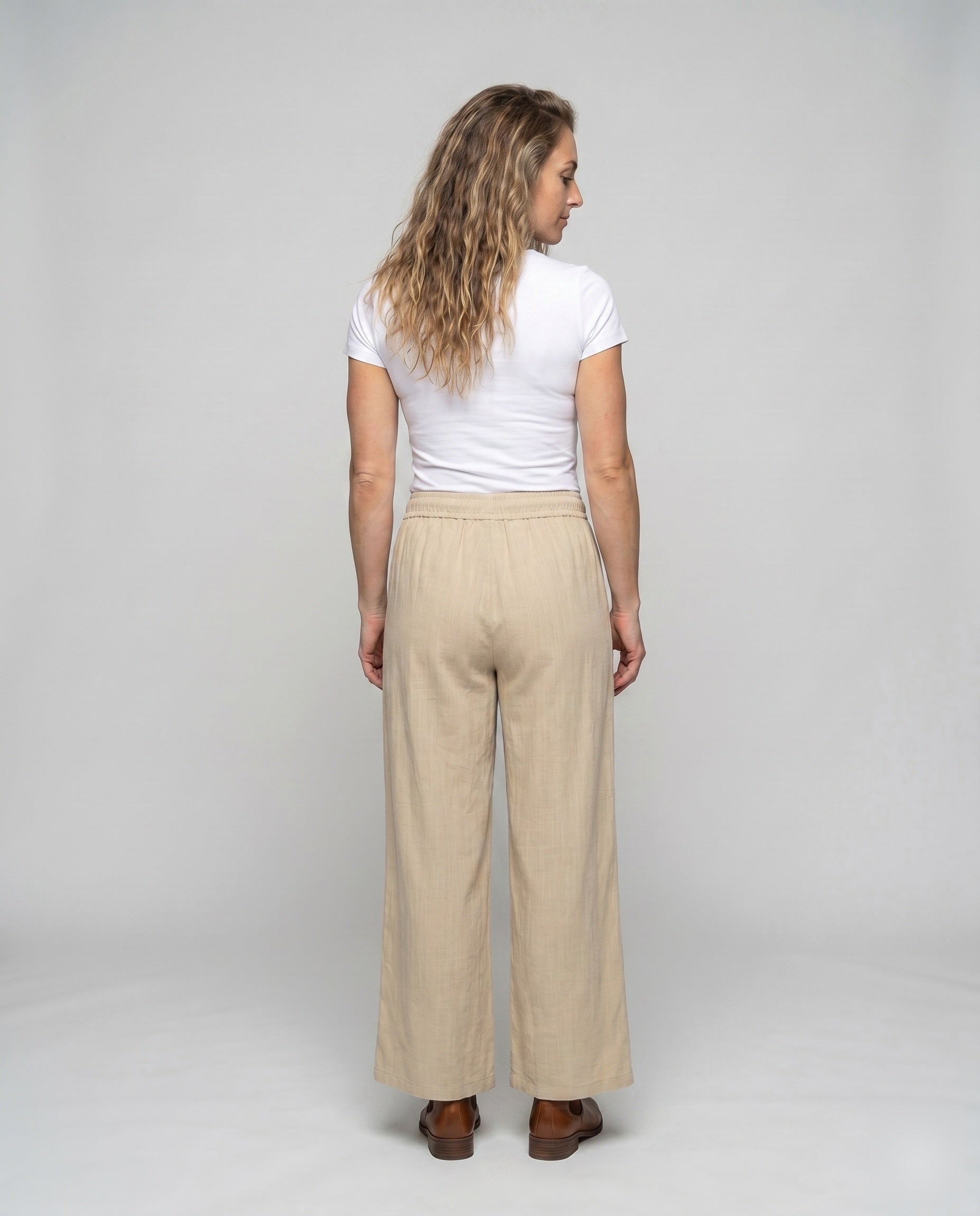 Women's Wide-Cut Palazzo Pants with Elastic Waistband - Back View