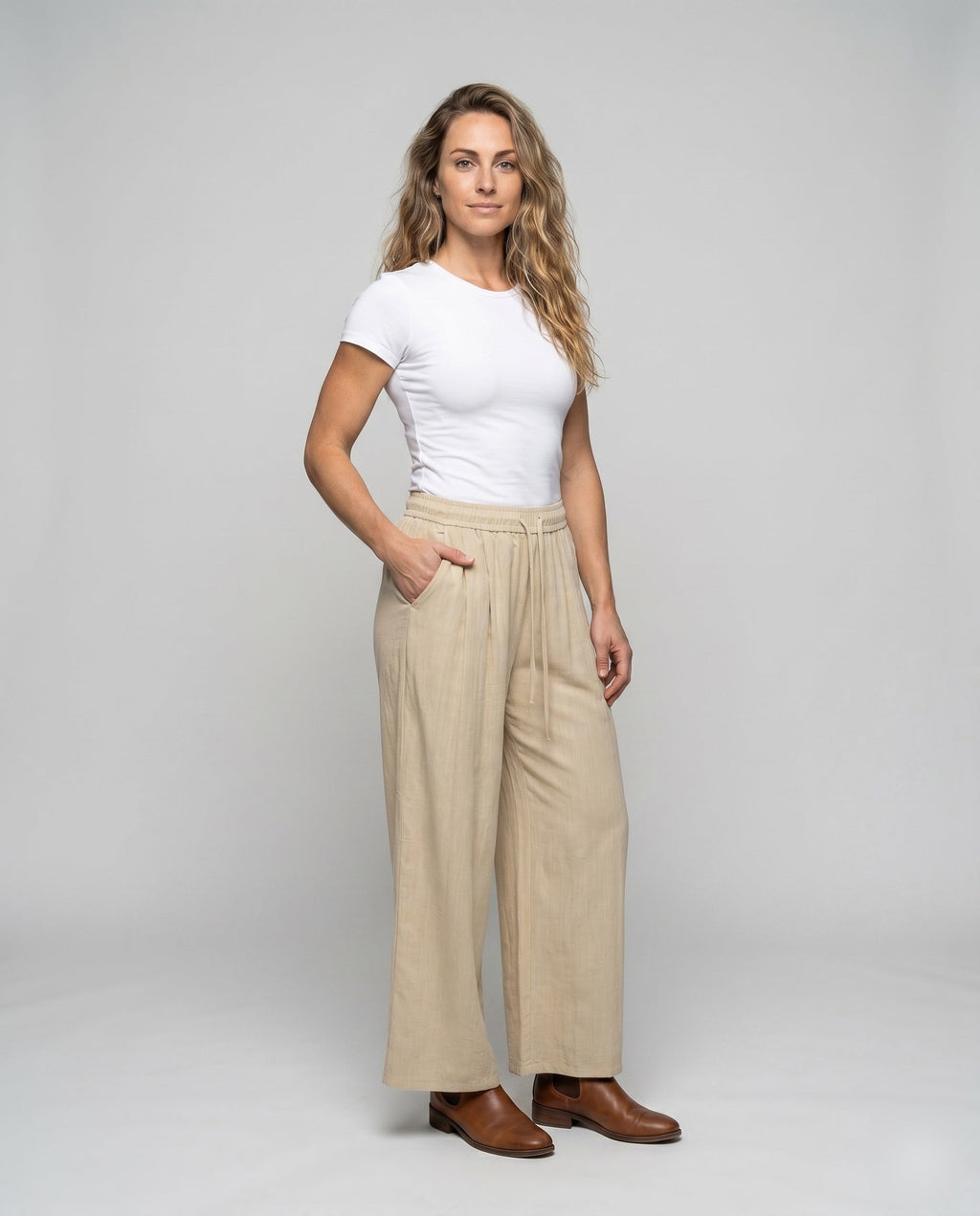 Women's Wide-Cut Palazzo Pants with Elastic Waistband - Front View