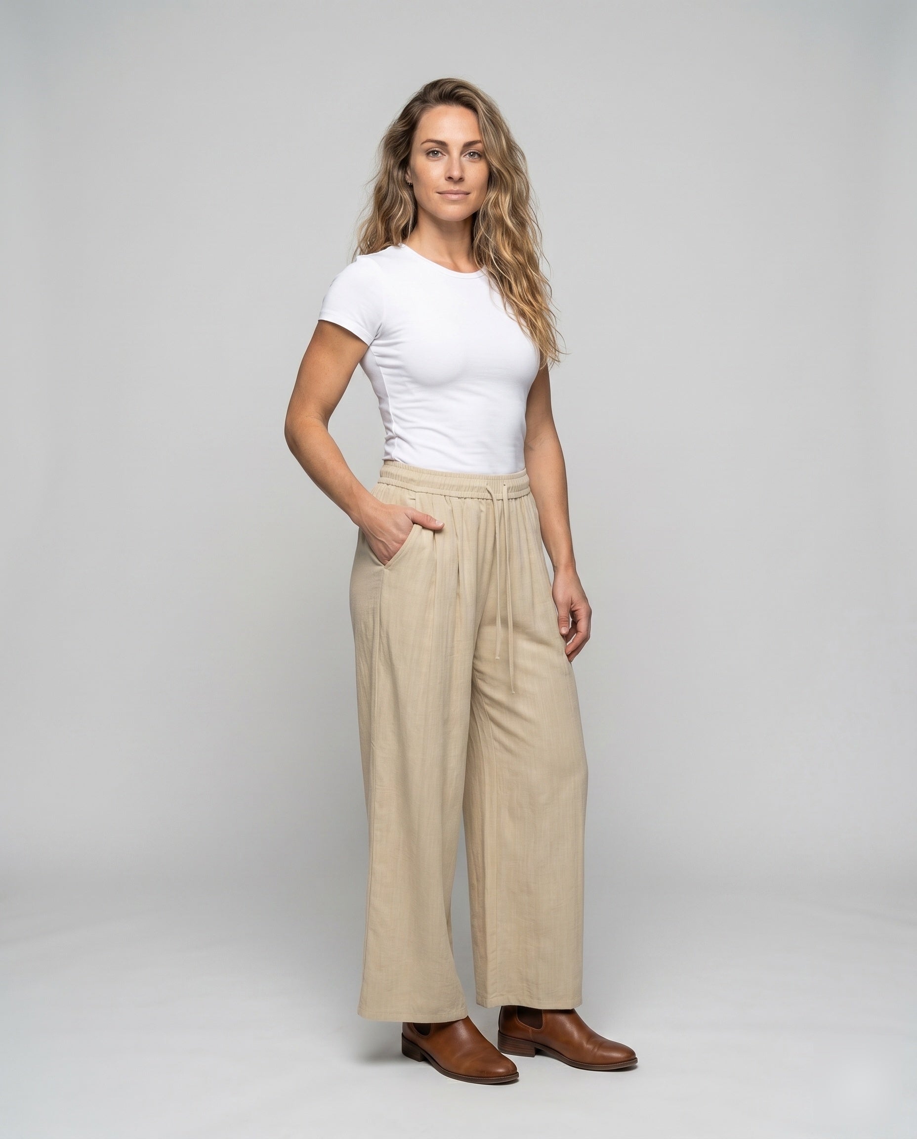 Women's Wide-Cut Palazzo Pants with Elastic Waistband - Front View
