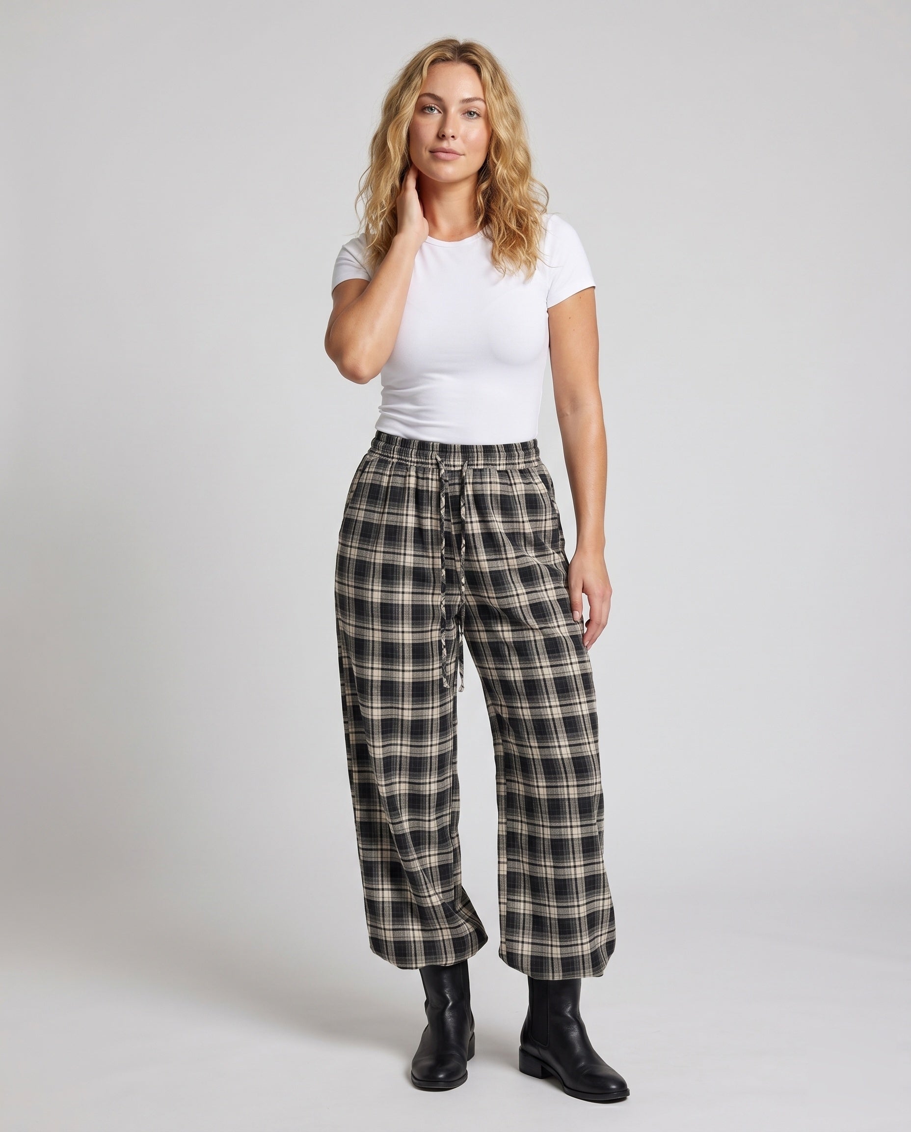 Women's Wide Check Pants with Elastic Waistband and Practical Pockets - Front View