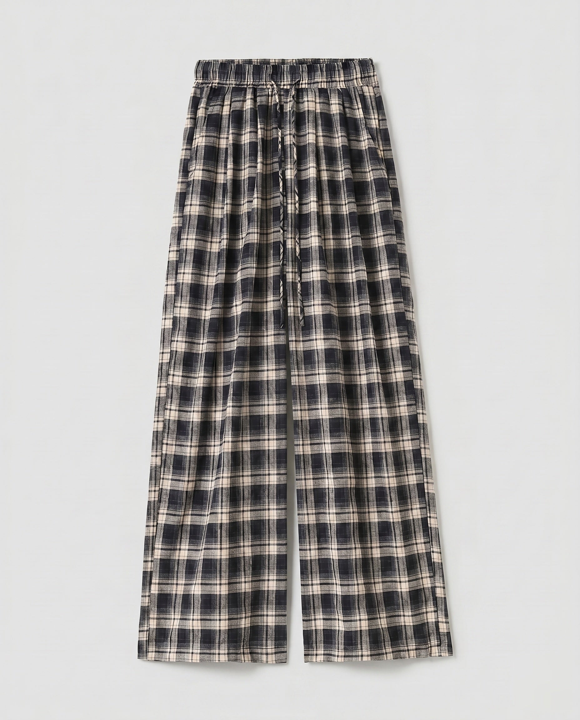 Women's Wide Check Pants with Elastic Waistband and Practical Pockets
