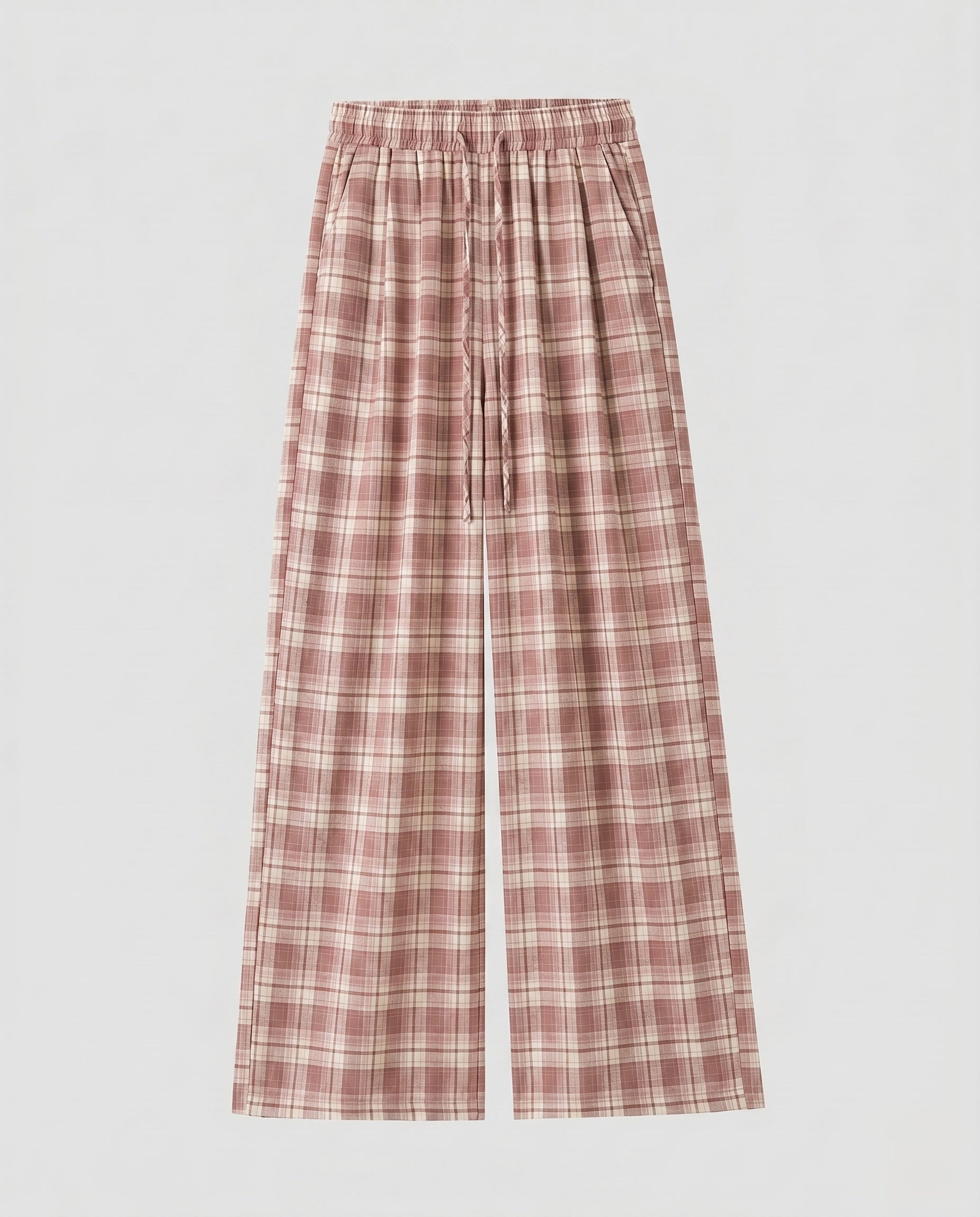 Women's Wide Check Pants with Elastic Waistband and Practical Pockets