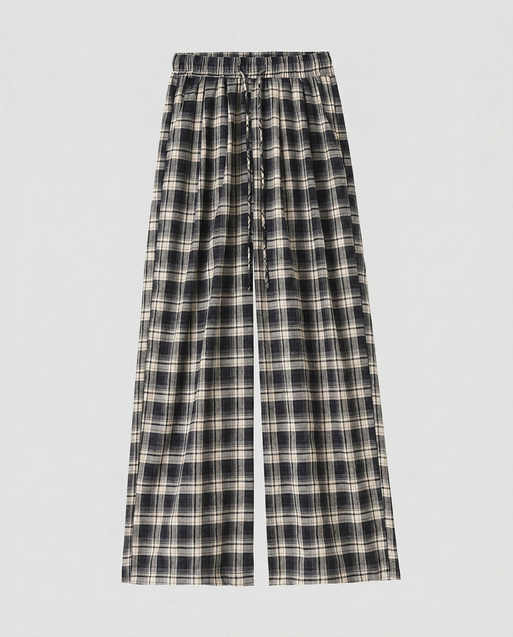 Women's Wide Check Pants with Elastic Waistband and Practical Pockets
