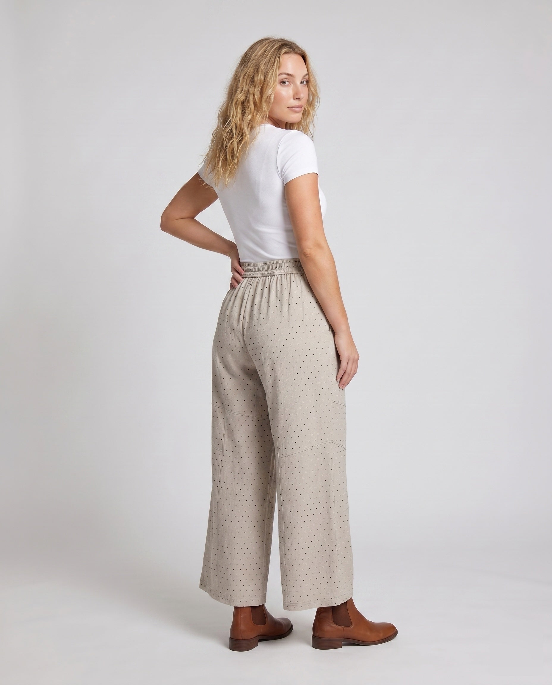 Women's Wide Palazzo Pants with Elastic Waistband and Polka Dot Design - Back View