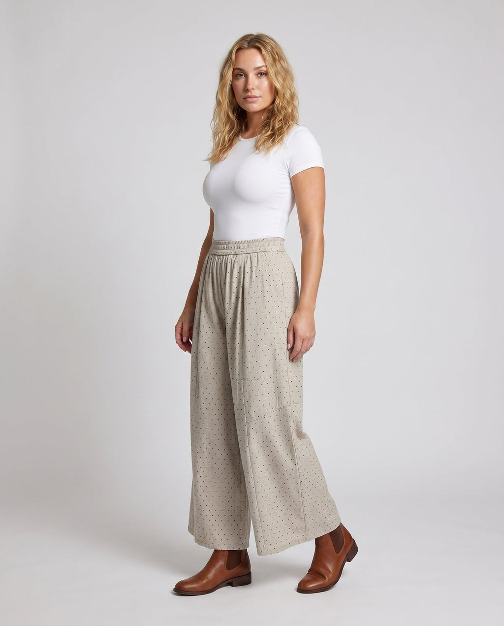 Women's Wide Palazzo Pants with Elastic Waistband and Polka Dot Design - Front View