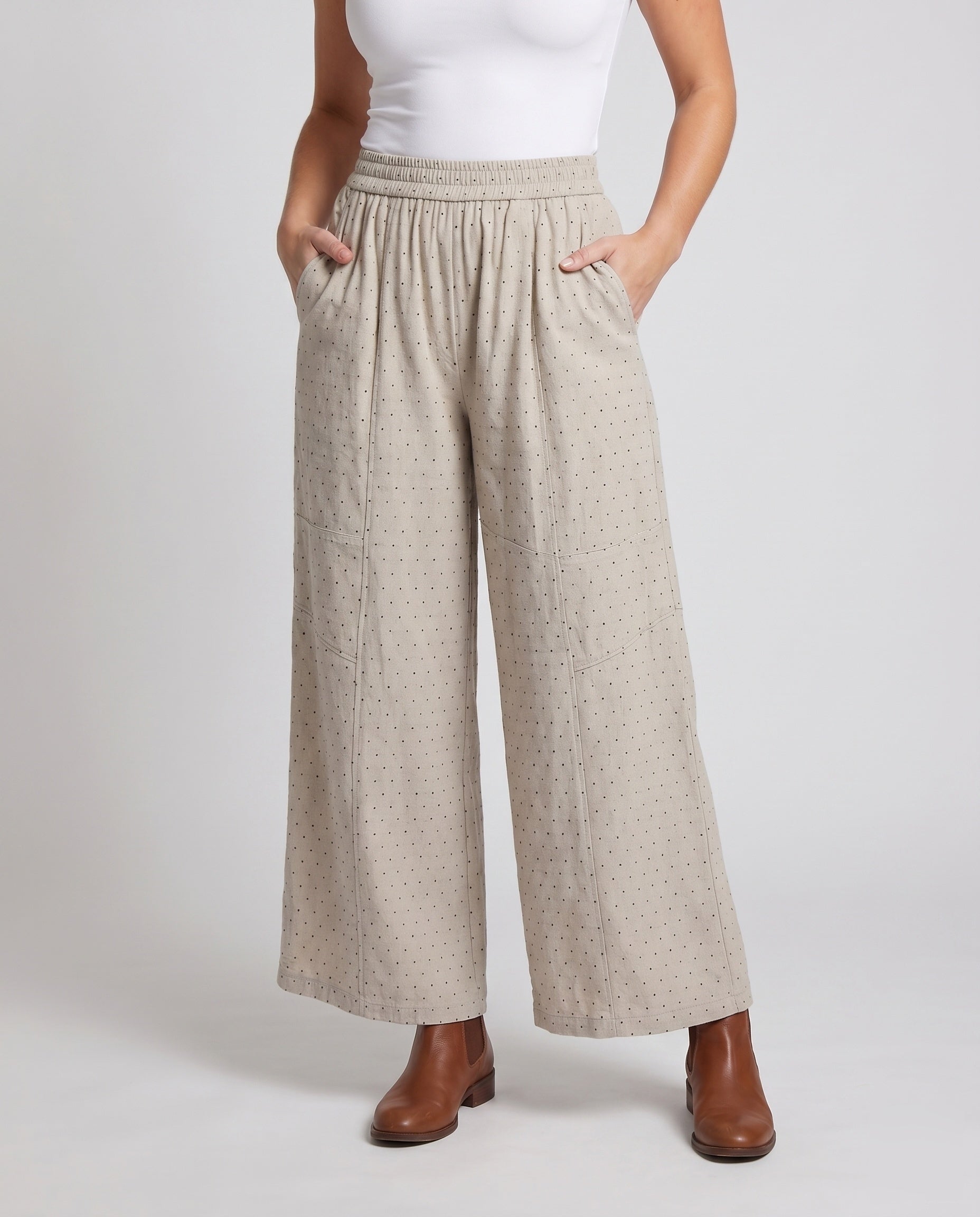Women's Wide Palazzo Pants with Elastic Waistband and Polka Dot Design - Lower Body View