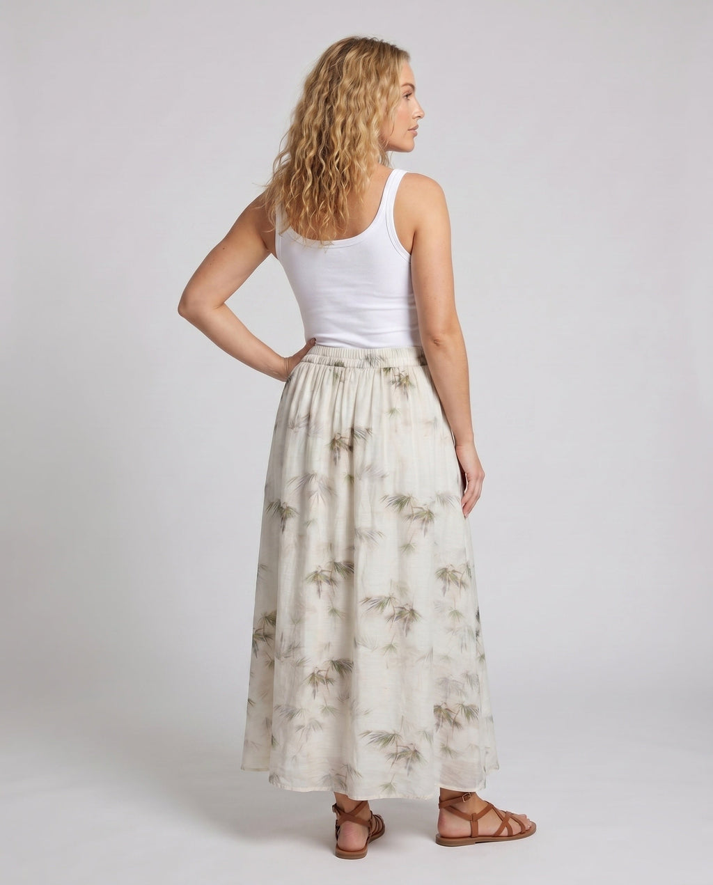 Women's Wide Summer Trousers with Floral Pattern and Elastic Waistband - Back View