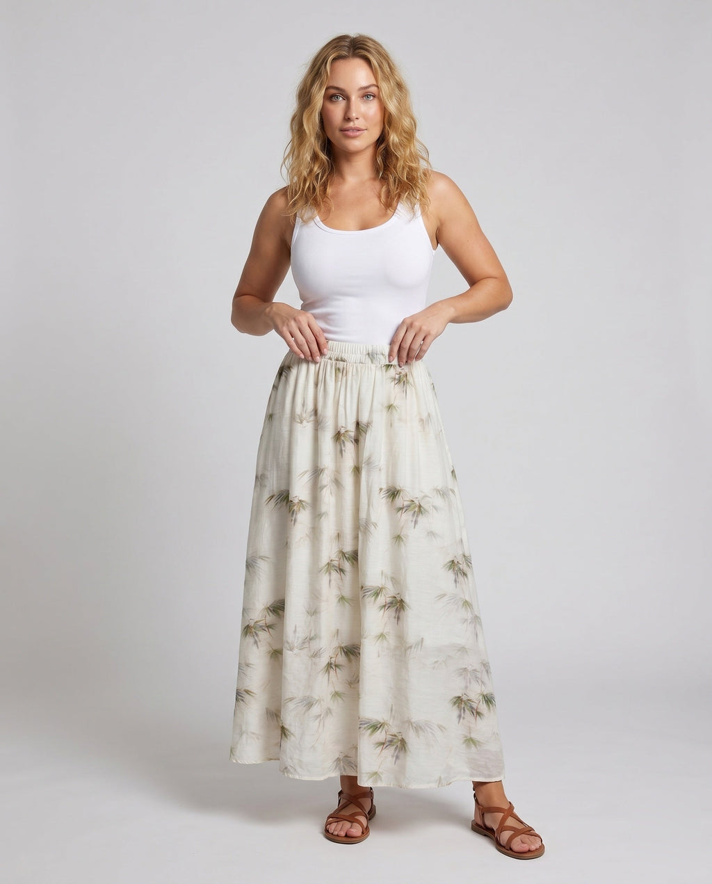 Women's Wide Summer Trousers with Floral Pattern and Elastic Waistband - Front View