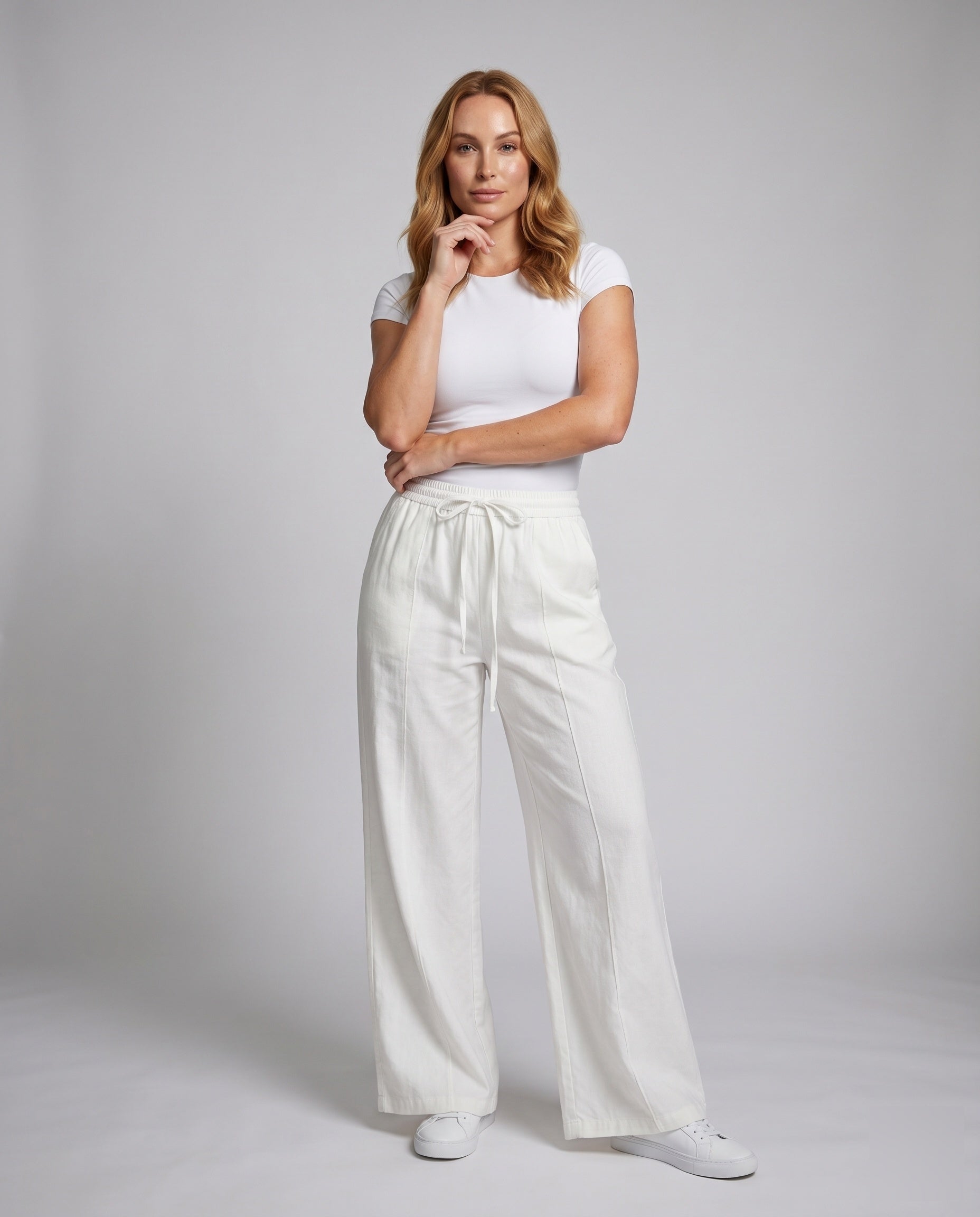 Women's Loose-Fitting Summer Trousers with Elastic Waistband - Front View