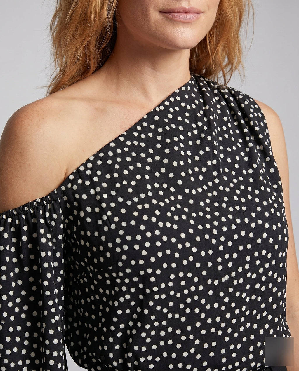 Women's Asymmetrical Blouse Shirt with Puff Sleeves - Close-Up Detail