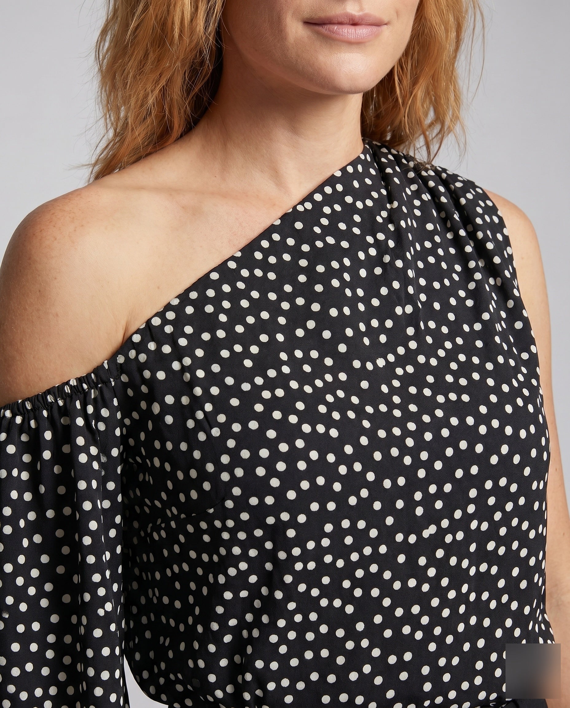 Women's Asymmetrical Blouse Shirt with Puff Sleeves - Close-Up Detail