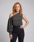 Women's Asymmetrical Blouse Shirt with Puff Sleeves - Upper Body View