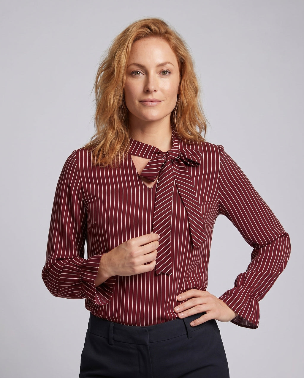 Women's Blouse Shirt with Elegant Bow and Striped Pattern - Upper Body View