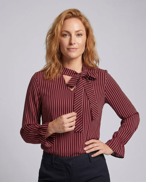 Women's Blouse Shirt with Elegant Bow and Striped Pattern - Upper Body View