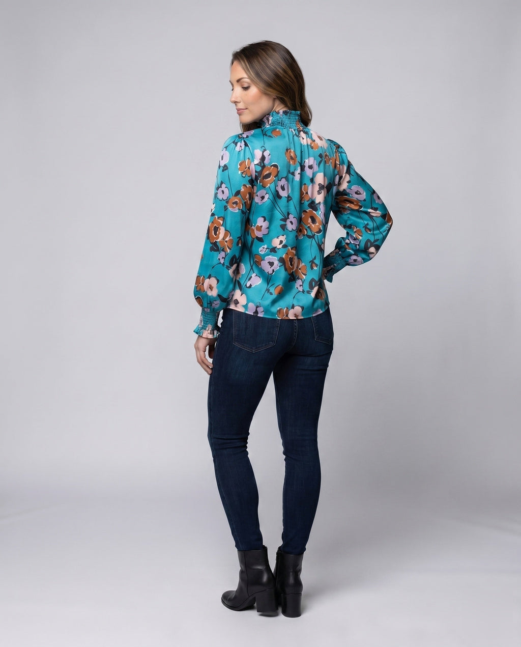 Women's Blouse Shirt with Floral Pattern and Voluminous Sleeves - Back View