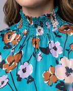 Women's Blouse Shirt with Floral Pattern and Voluminous Sleeves - Close-Up Detail