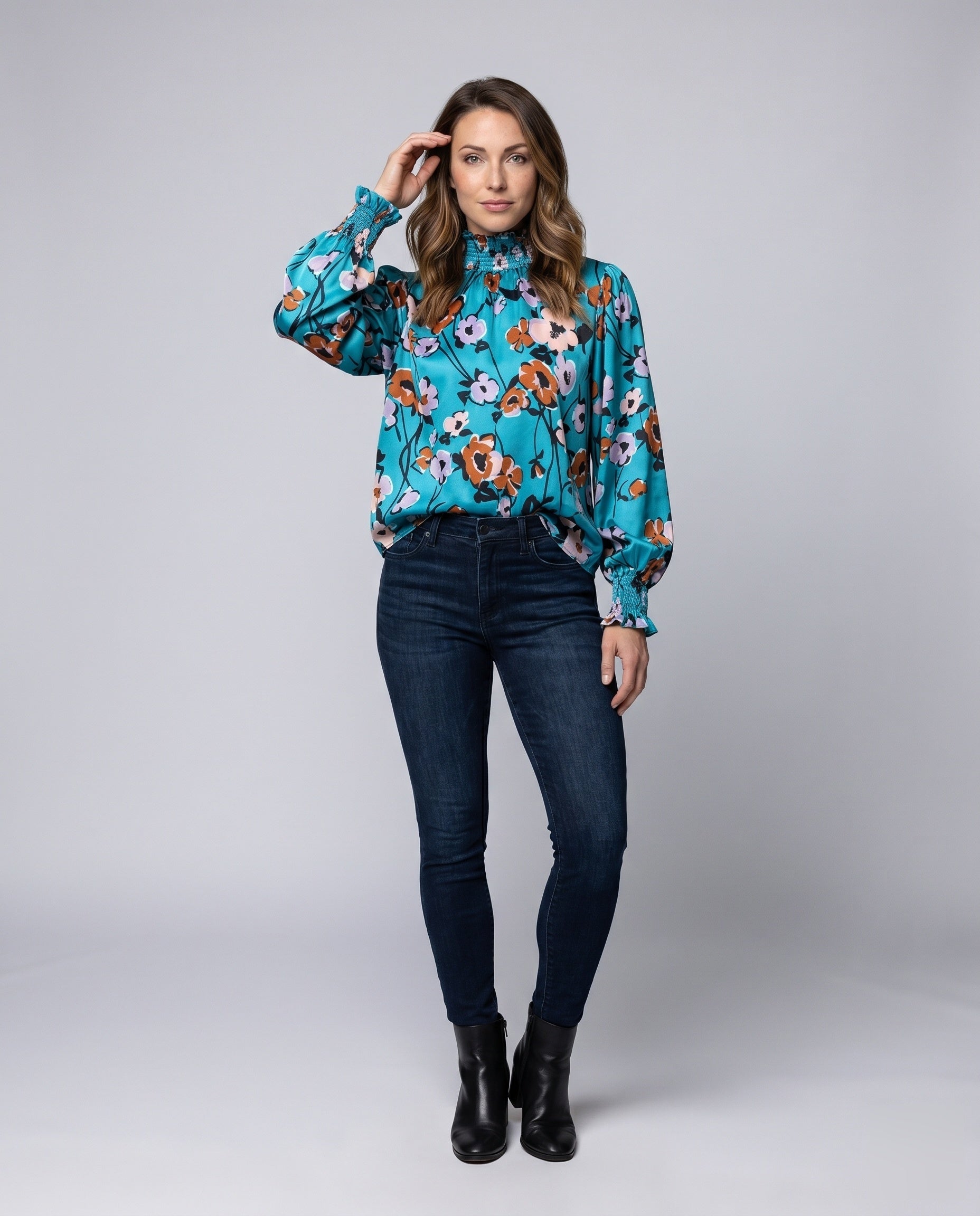 Women's Blouse Shirt with Floral Pattern and Voluminous Sleeves - Front View