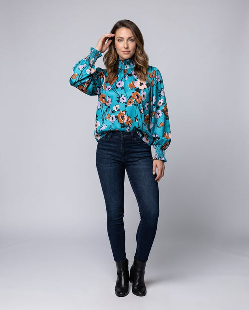 Women's Blouse Shirt with Floral Pattern and Voluminous Sleeves - Front View