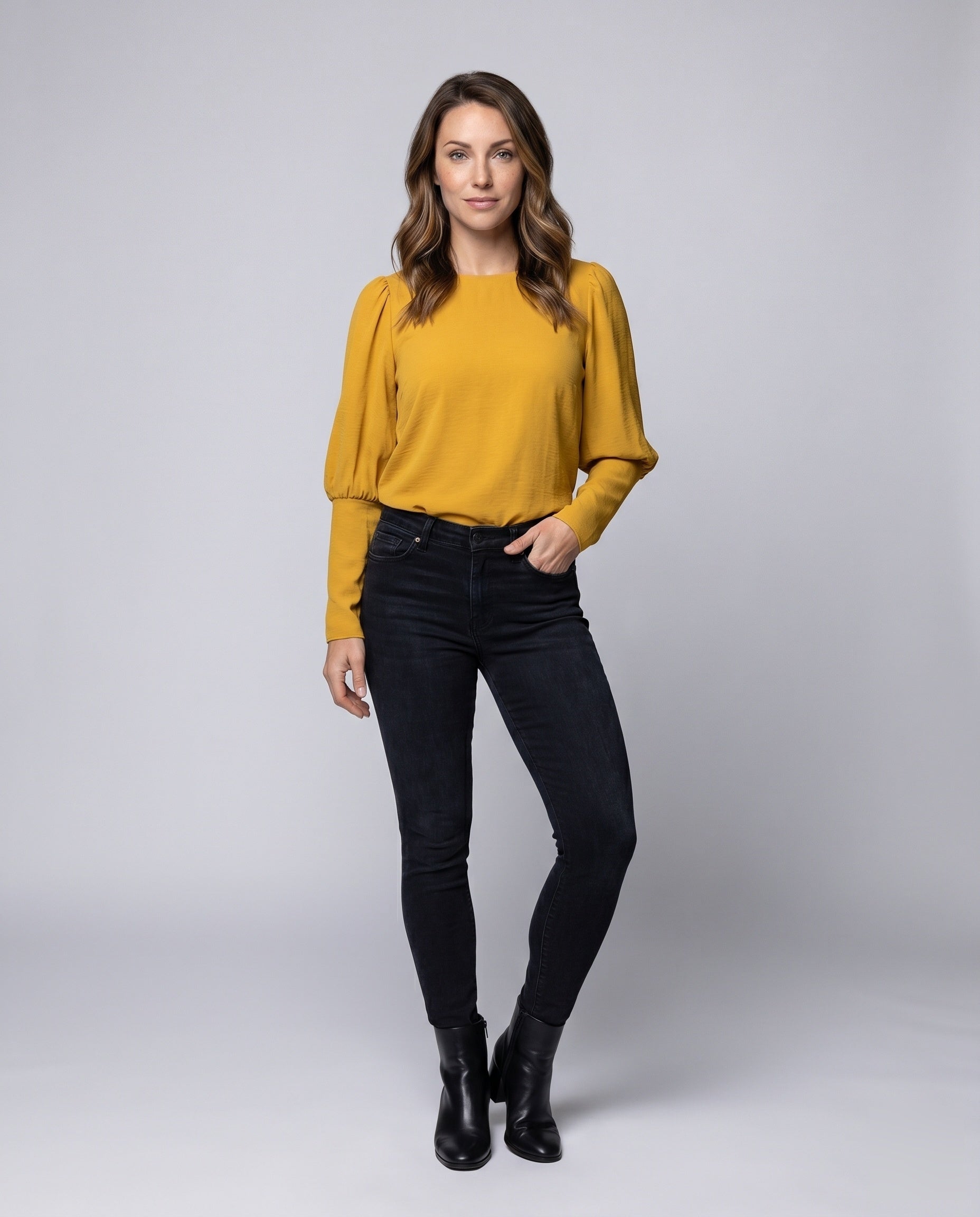 Women's Blouse Shirt with Puff Sleeves and Elegant Cut - Front View