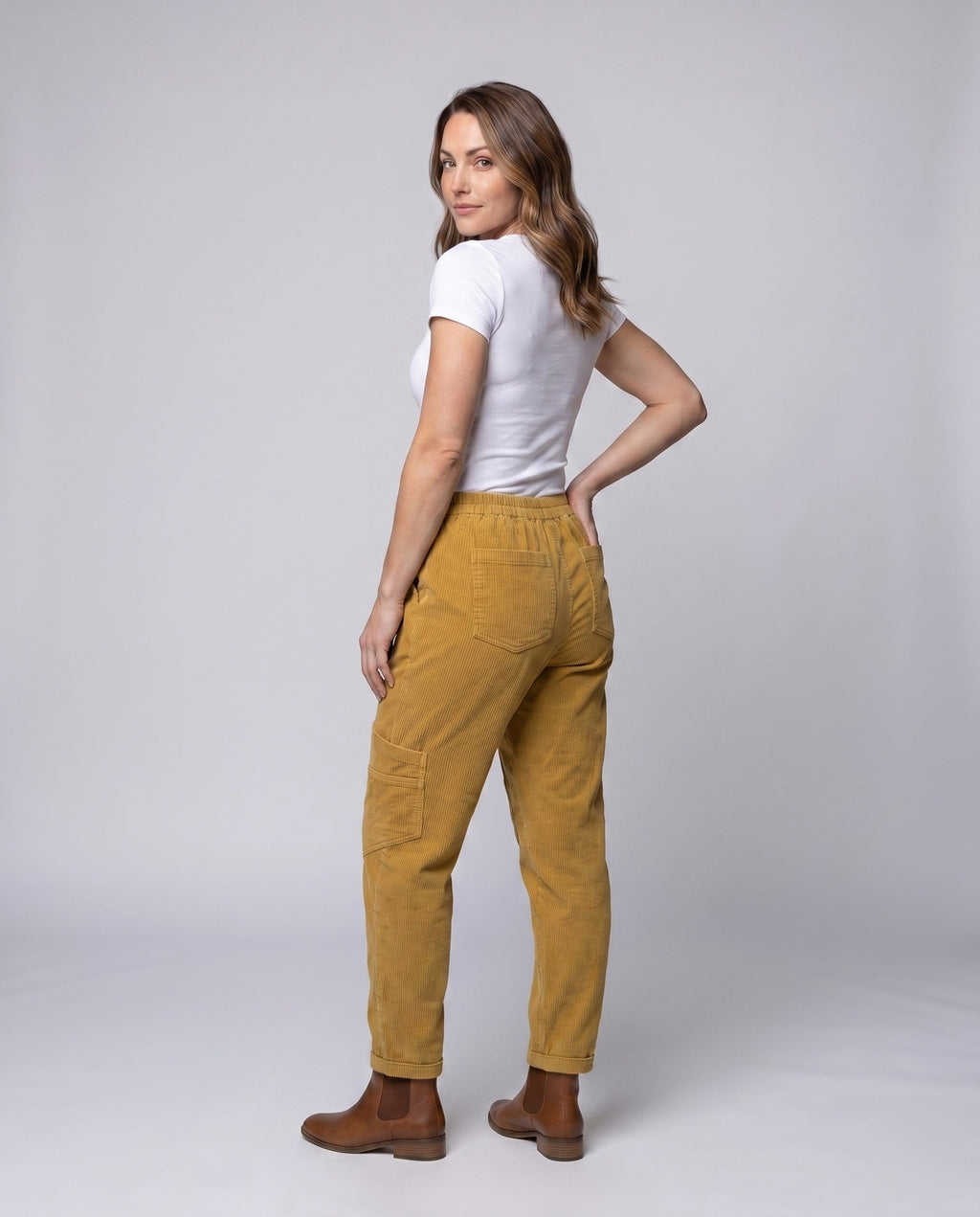 Women's Cord Harem Pants with Soft Feel and Practical Pockets - Back View