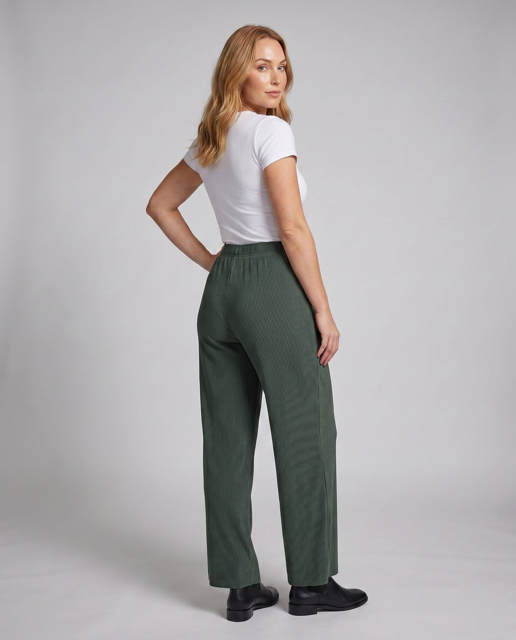 Women's High-Waisted Wide Leg Pants with Elegant Slit - Back View