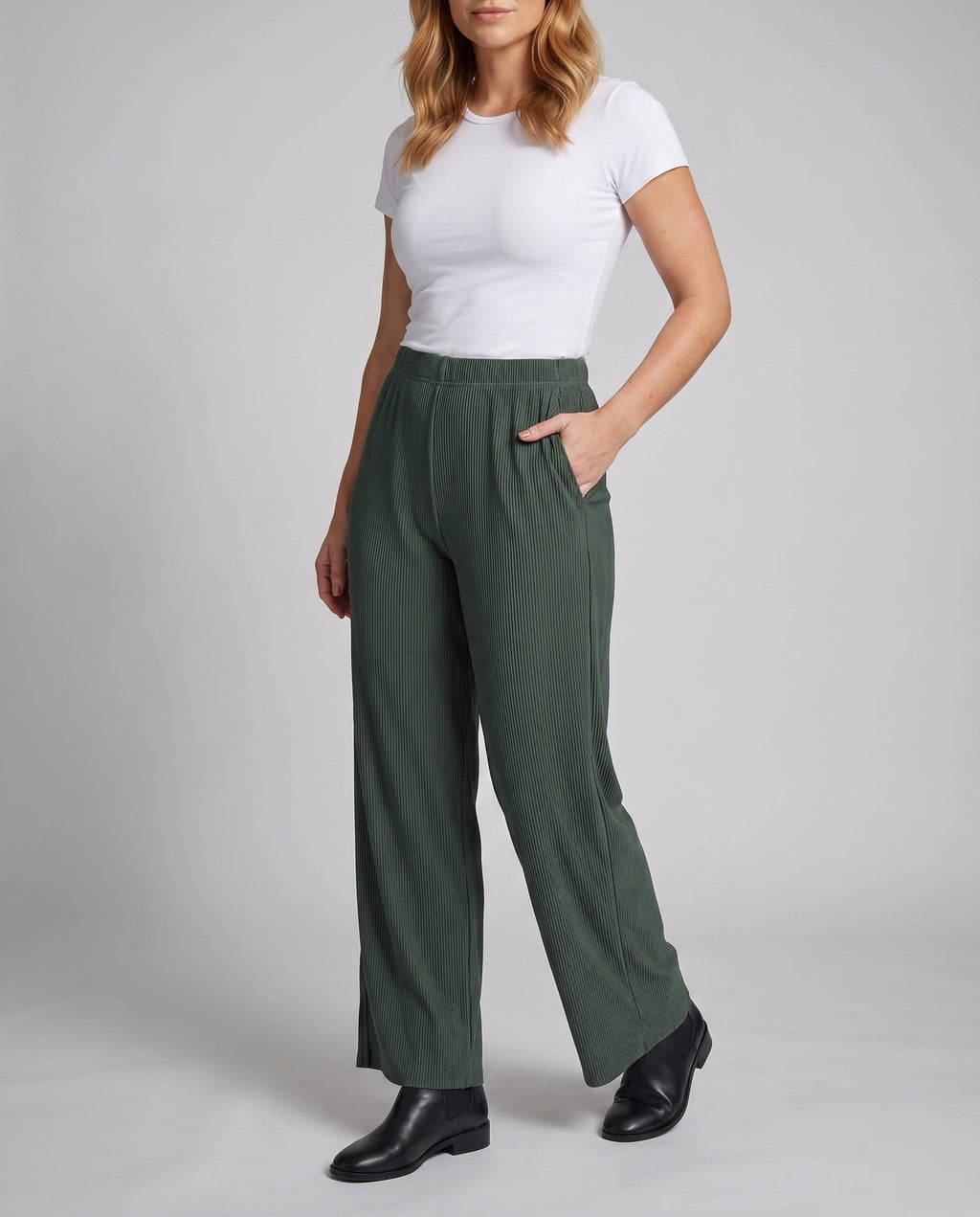 Women's High-Waisted Wide Leg Pants with Elegant Slit - Lower Body View